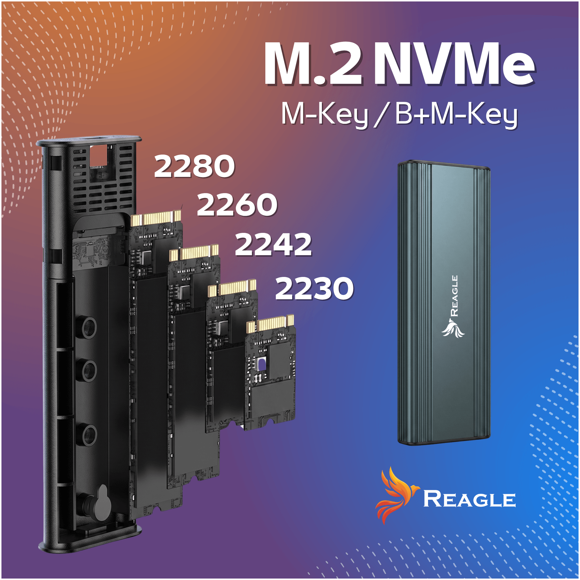 Dyski SSD NVMe M.2 w różnych rozmiarach (2280, 2260, 2242, 2230) i obudowa.