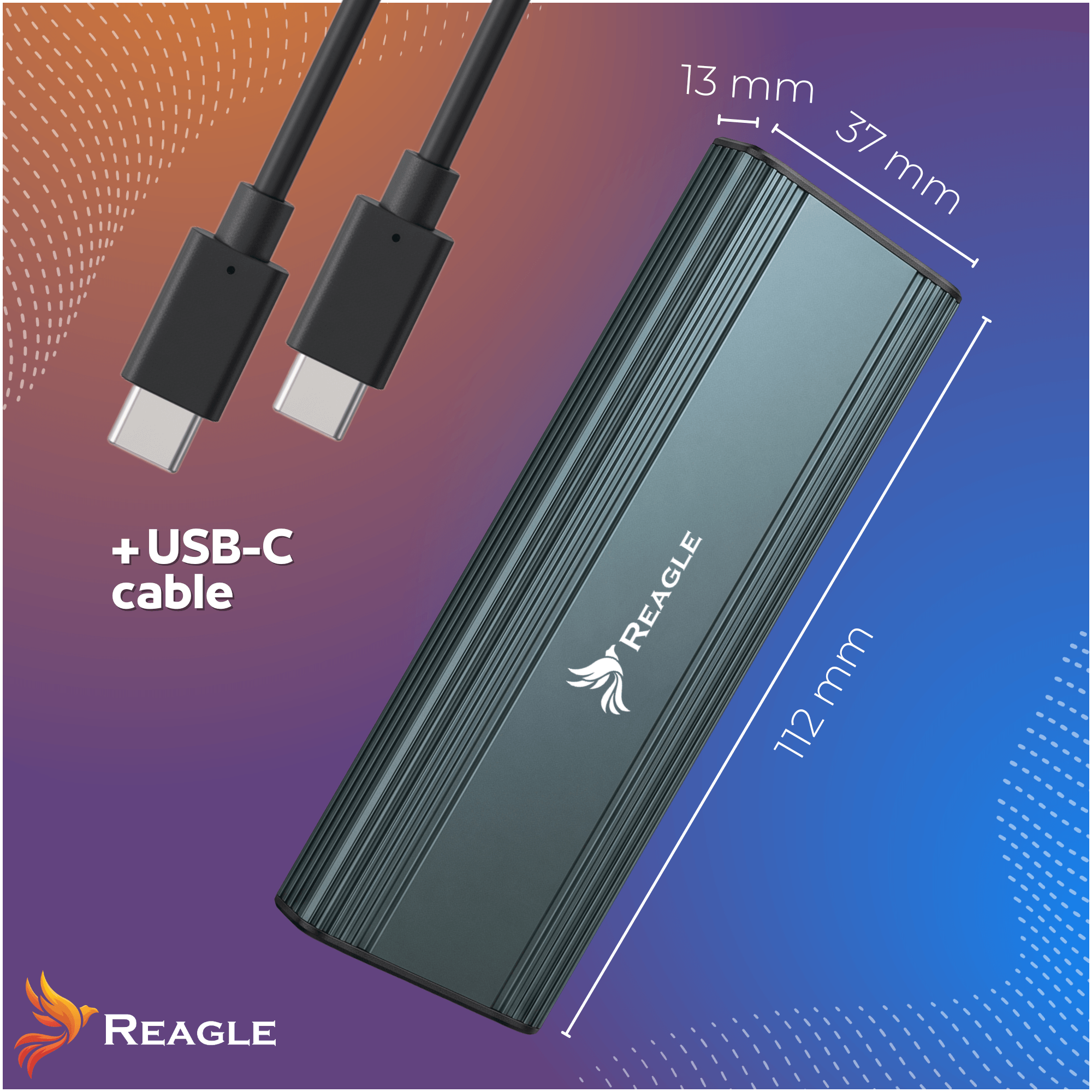 Szara obudowa z kablem USB-C i wymiarami.