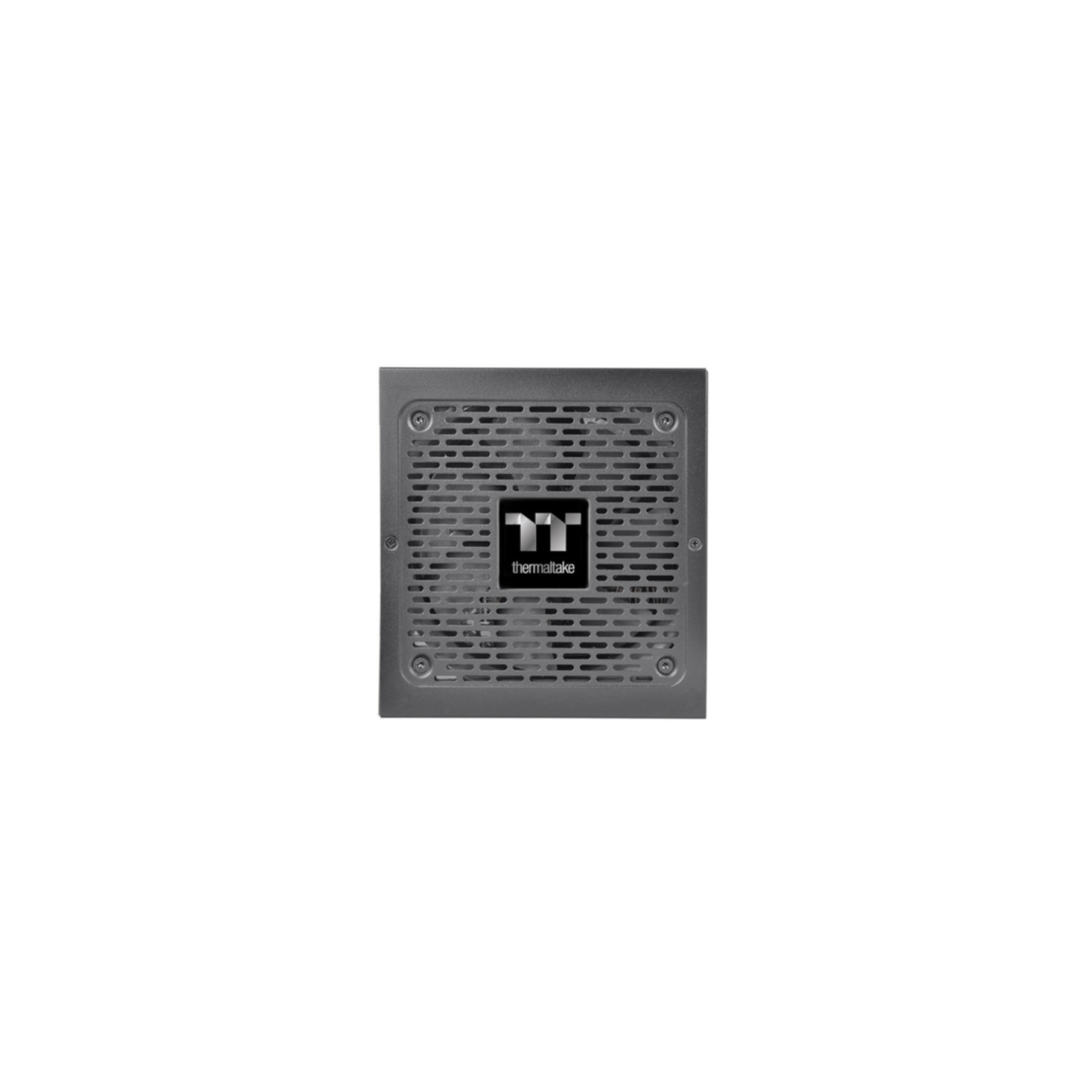 Graues Thermaltake Netzteil mit Lüftungsgitter und Logo.
