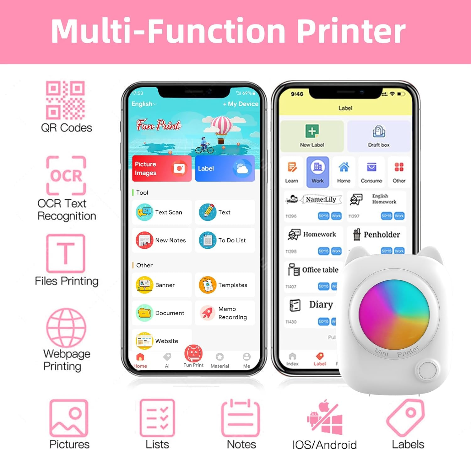Ein Multifunktionsdrucker mit einem Telefon, das eine Etiketten-App und einen niedlichen katzenförmigen Drucker anzeigt.