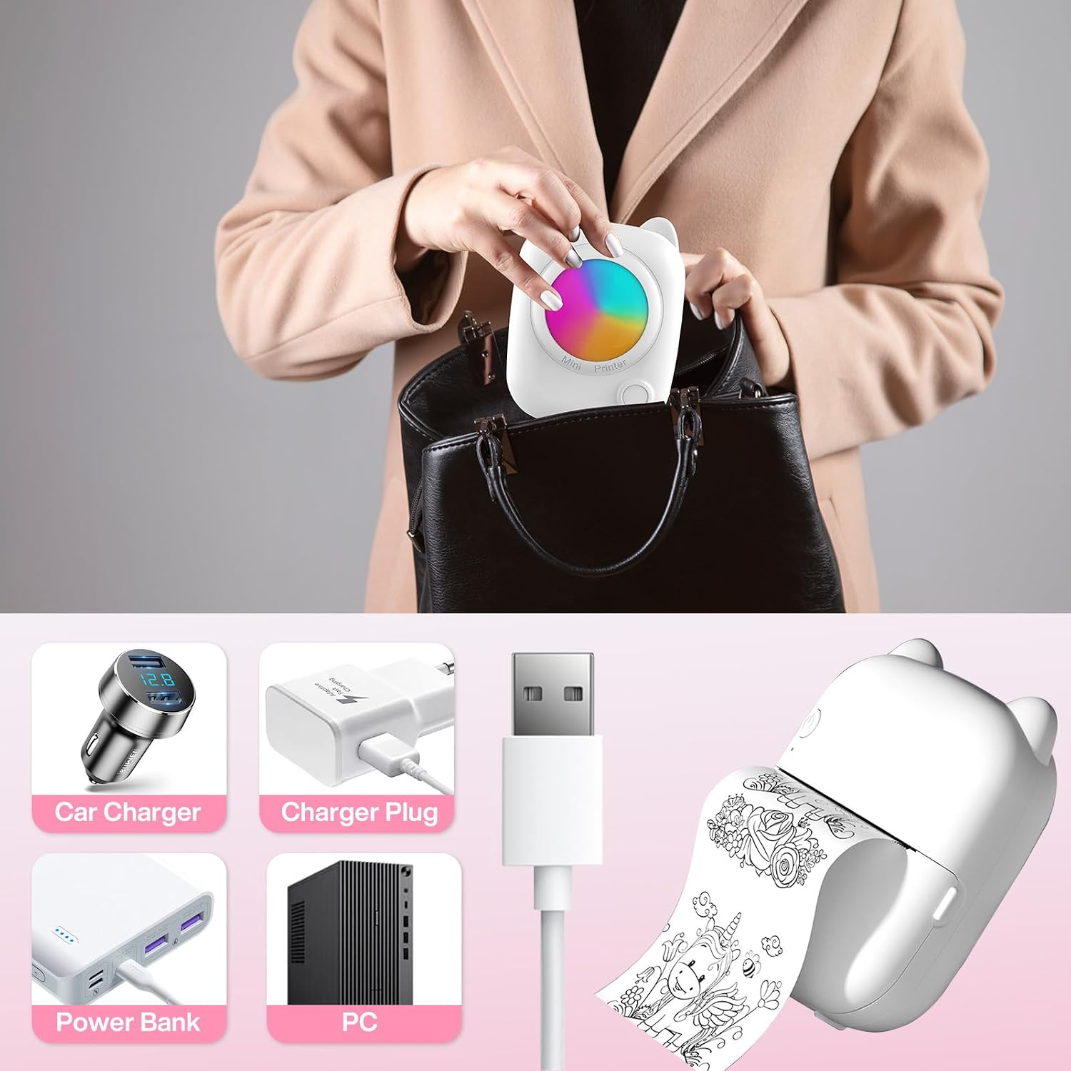 Person packt Mini-Drucker in Tasche. Vier Ladezubehör: Kfz-Ladegerät, Netzstecker, Powerbank, PC.