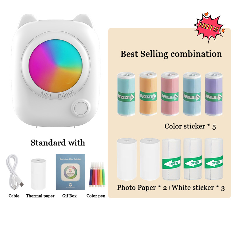 Ein weißer Mini-Drucker mit Katzendesign, Zubehör und verschiedenen Papierrollen.