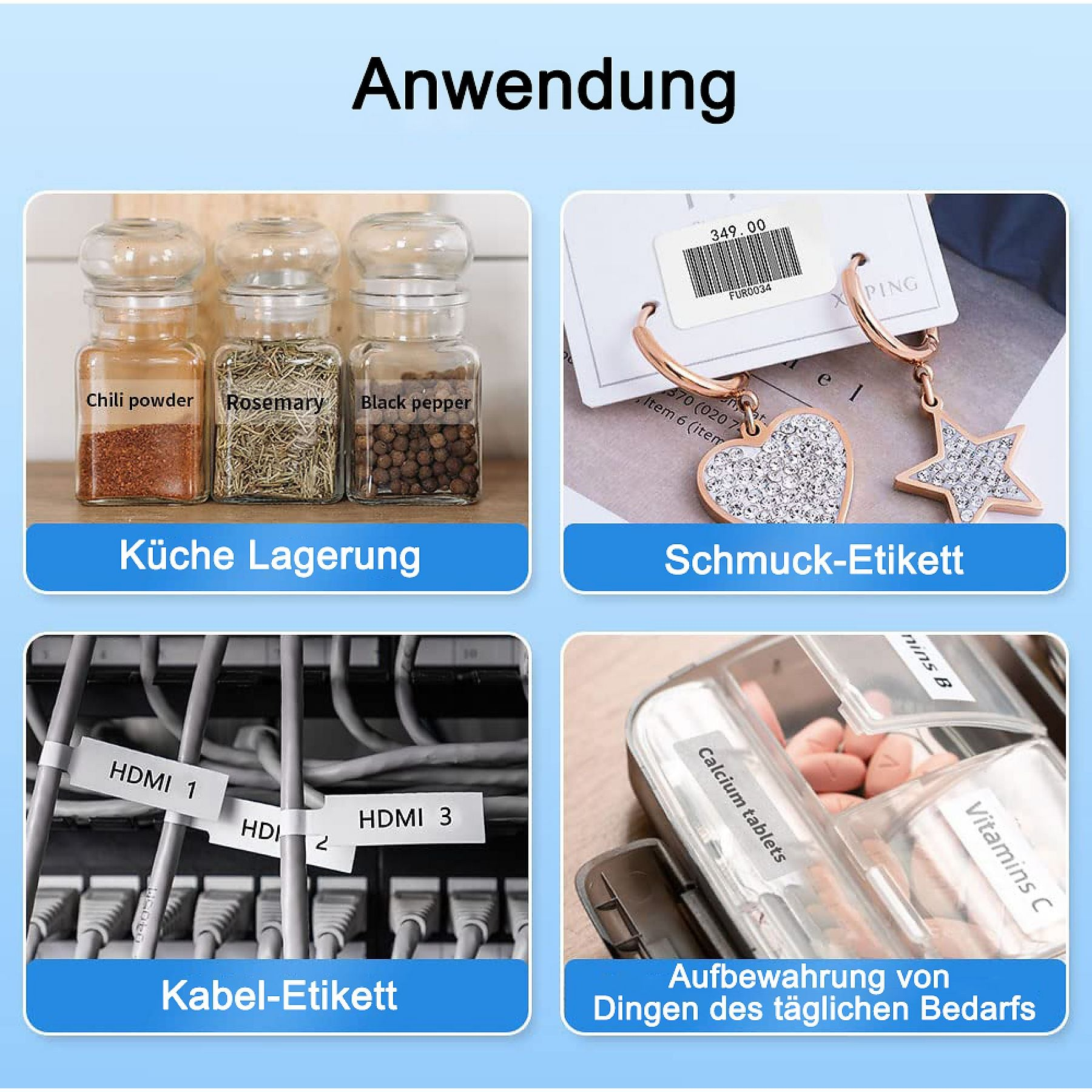 Vier Bilder zeigen Aufkleber auf Gewürzgläsern, Schmuck, Kabeln und Pillenboxen.