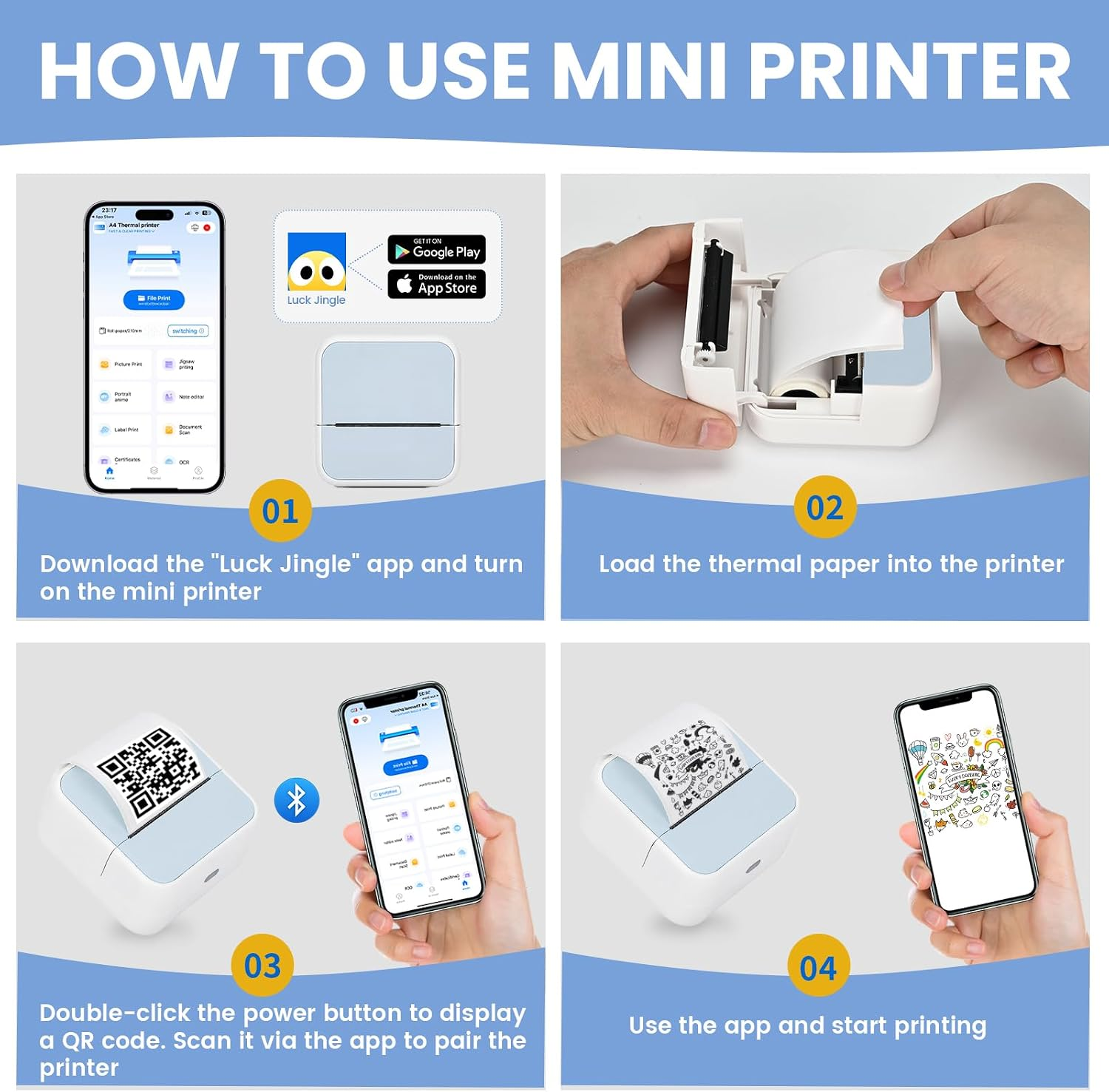 Anleitung: App herunterladen, Papier einlegen, QR-Code scannen, drucken.