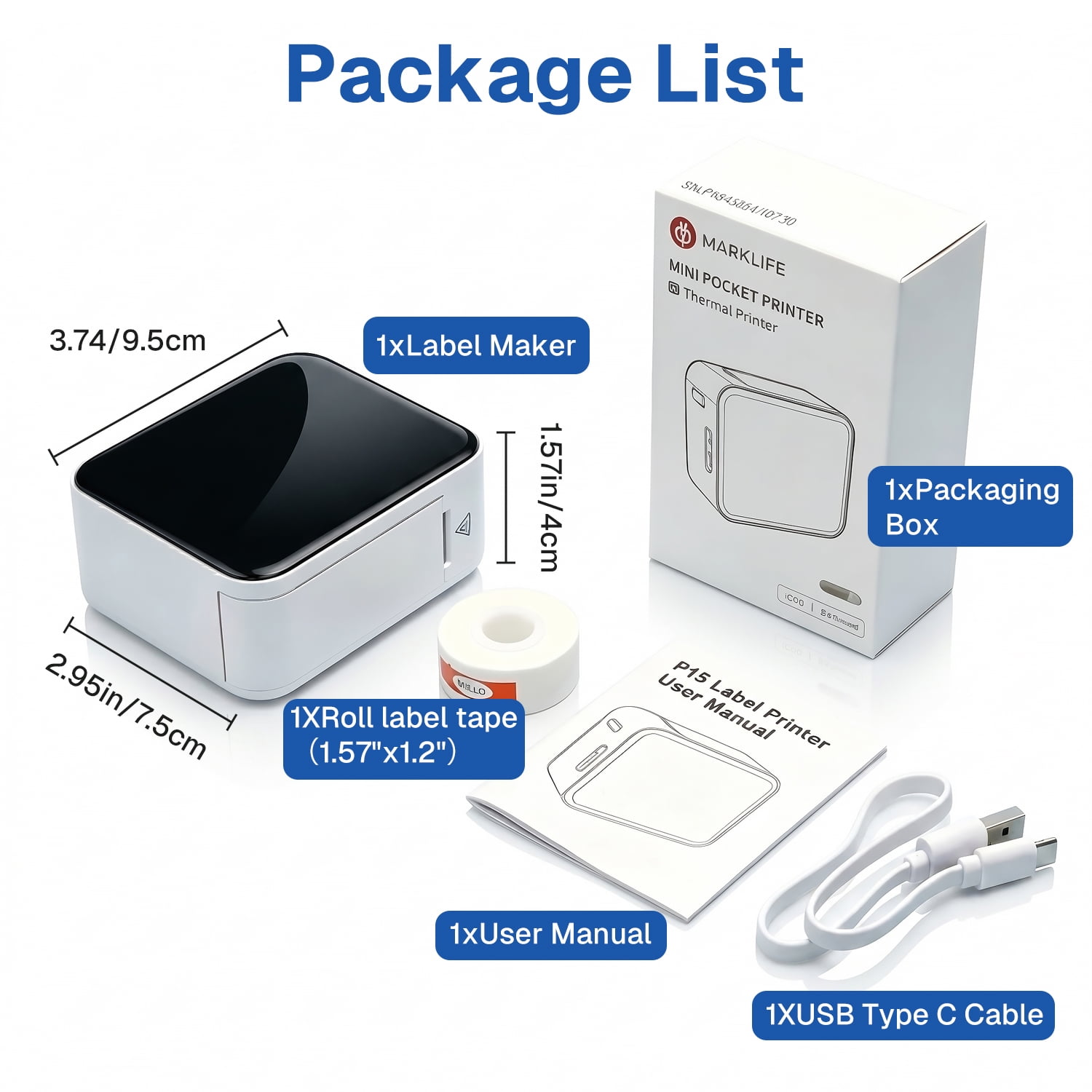 Paketliste: Etikettendrucker, Karton, Band, Handbuch, USB-C-Kabel. Maße gezeigt.