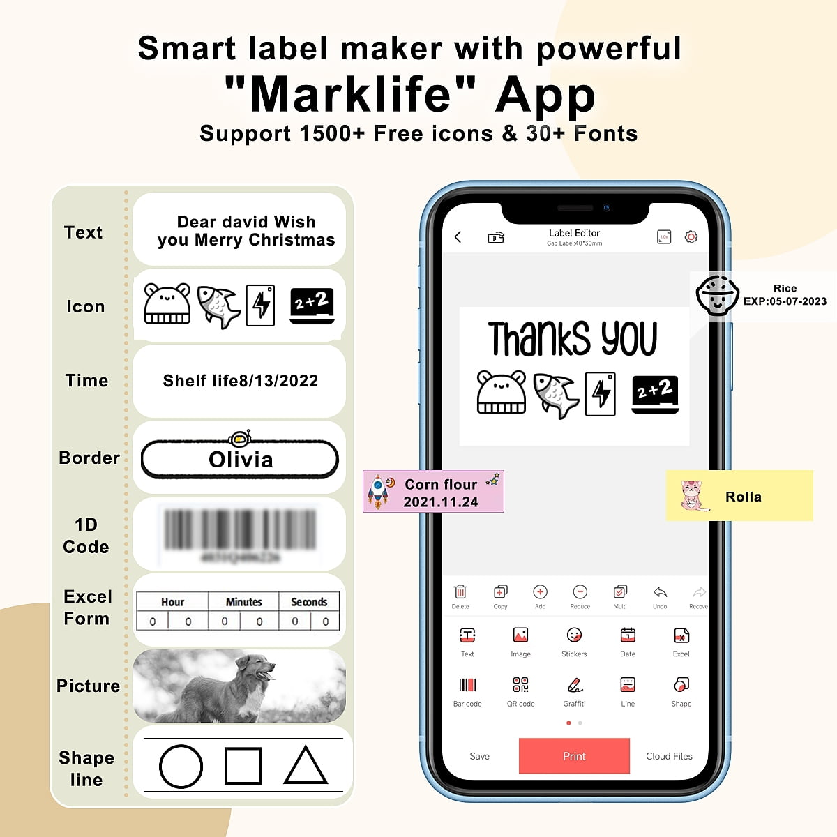 Ein Smartphone zeigt eine Etikettenerstellungs-App mit Designoptionen für Text, Symbole und Formen sowie Musteretiketten.