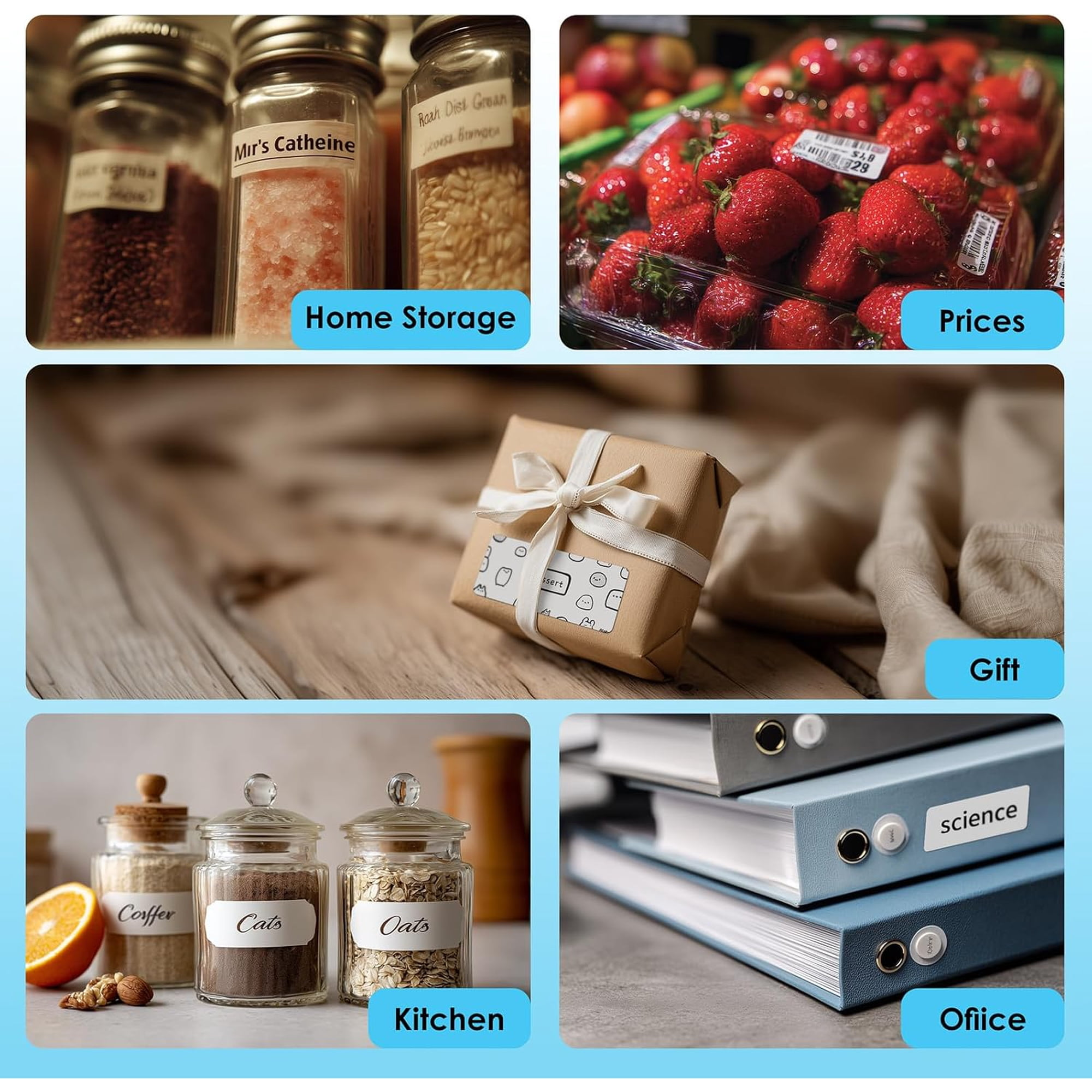 Vorratsgläser mit Gewürzen, Erdbeeren im Plastik, Geschenk, Küchenvorräte und Aktenordner.