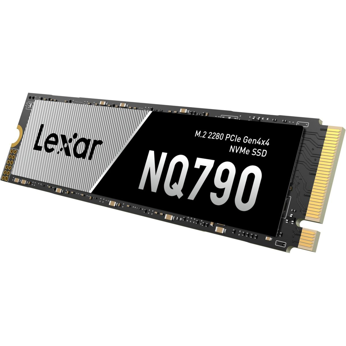 Lexar NQ790 M.2 2280 NVMe SSD mit schwarzem Aufkleber und silbernen Streifen.