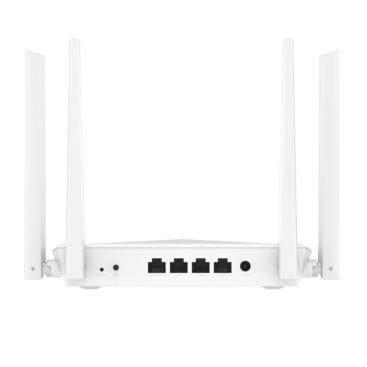 Un router bianco con quattro antenne, mostra porte reset, WPS e LAN.
