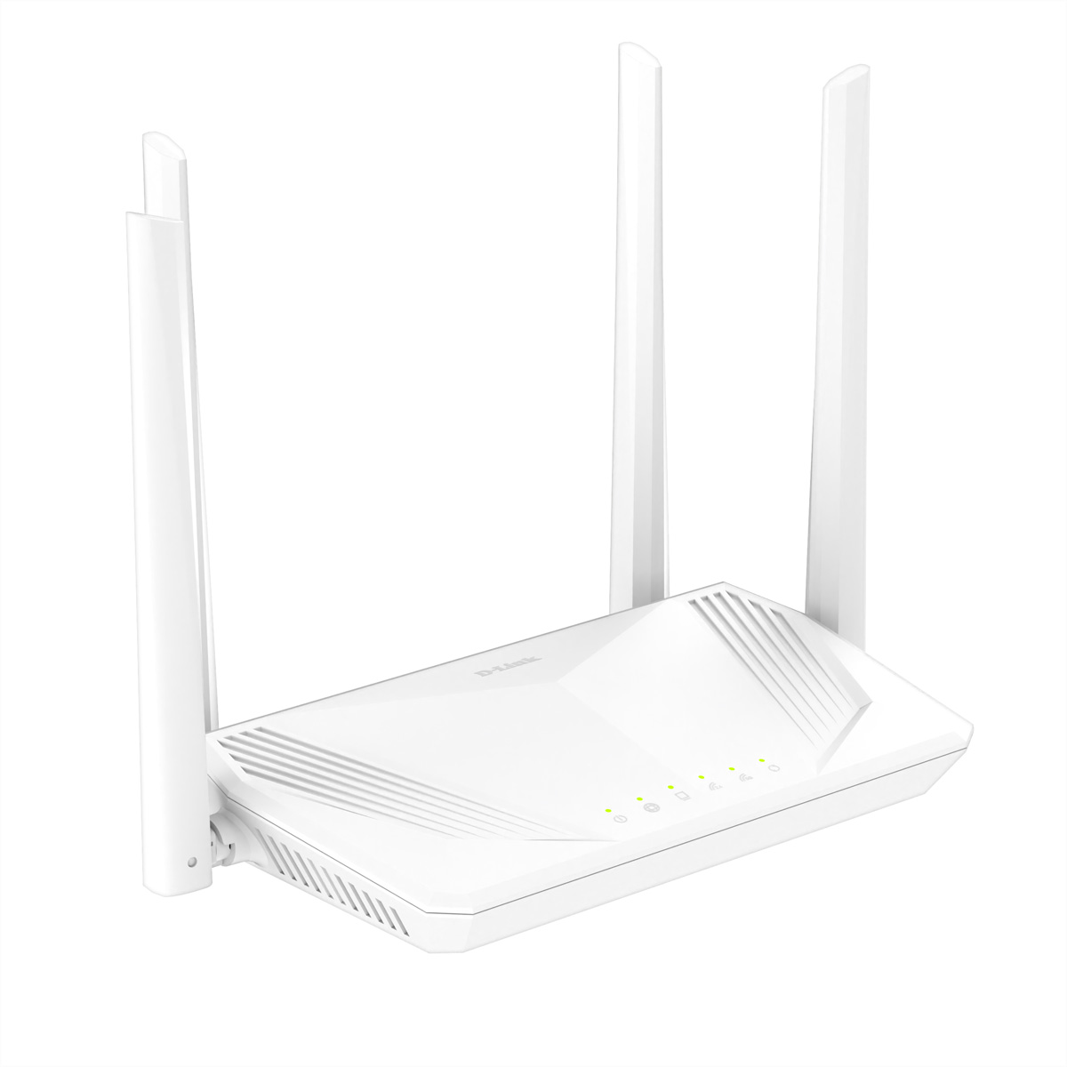Un router Wi-Fi D-Link bianco con quattro antenne su sfondo bianco, che mostra cinque spie luminose verdi.