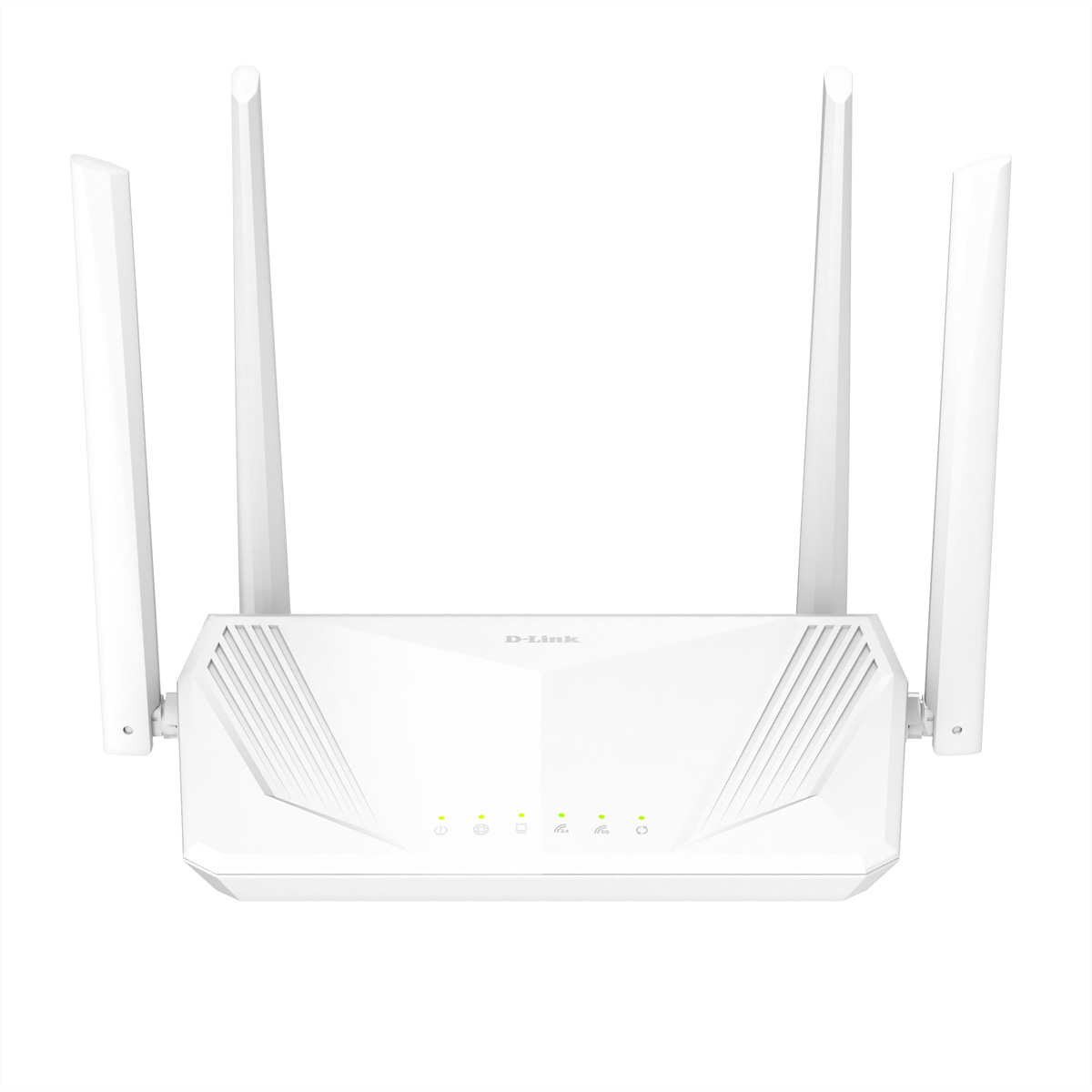 Un router D-Link bianco con quattro antenne e LED di stato illuminati.