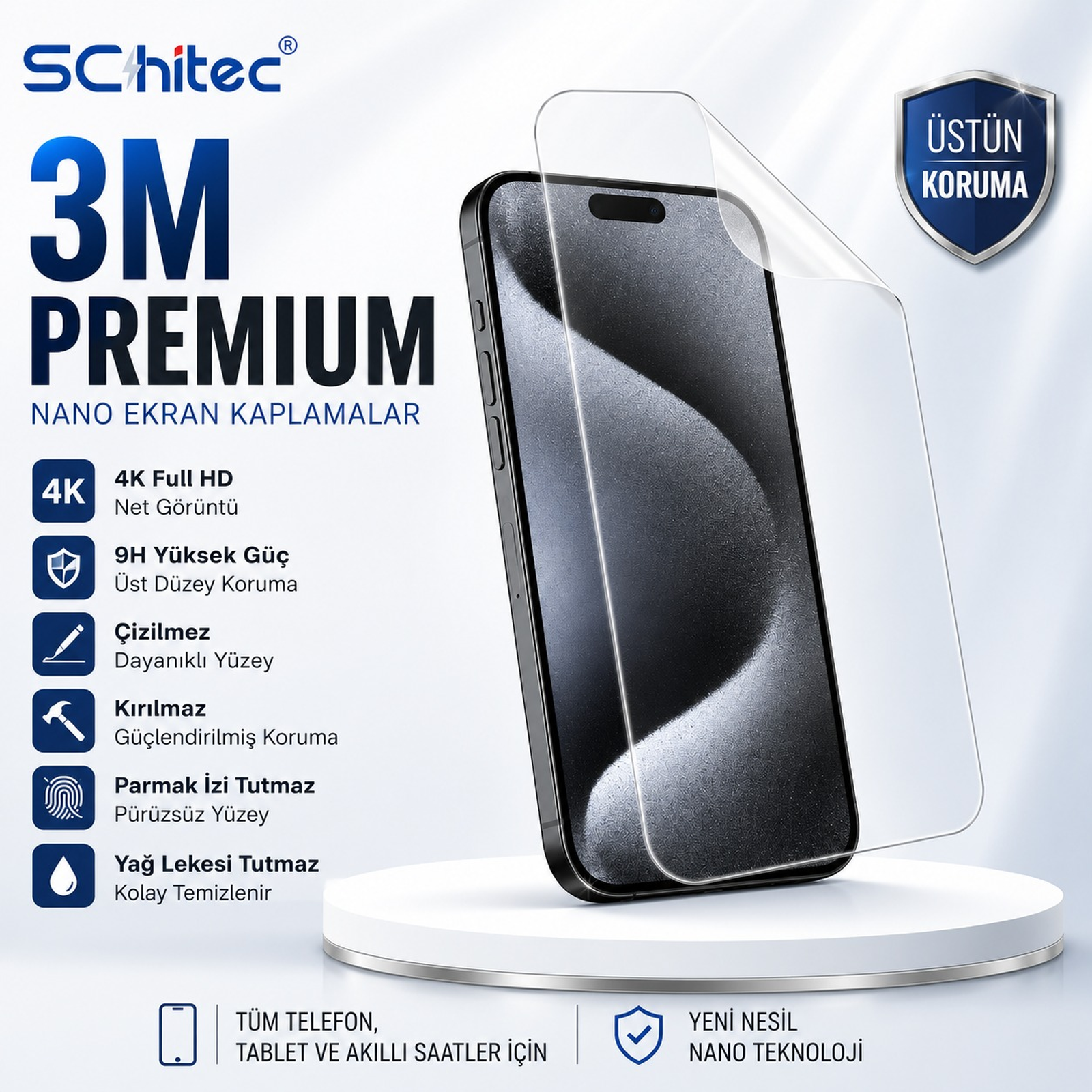 Ekran koruyuculu bir akıllı telefon, 3M Premium Nano Ekran Kaplamaları ve faydaları hakkında metin içeriyor.