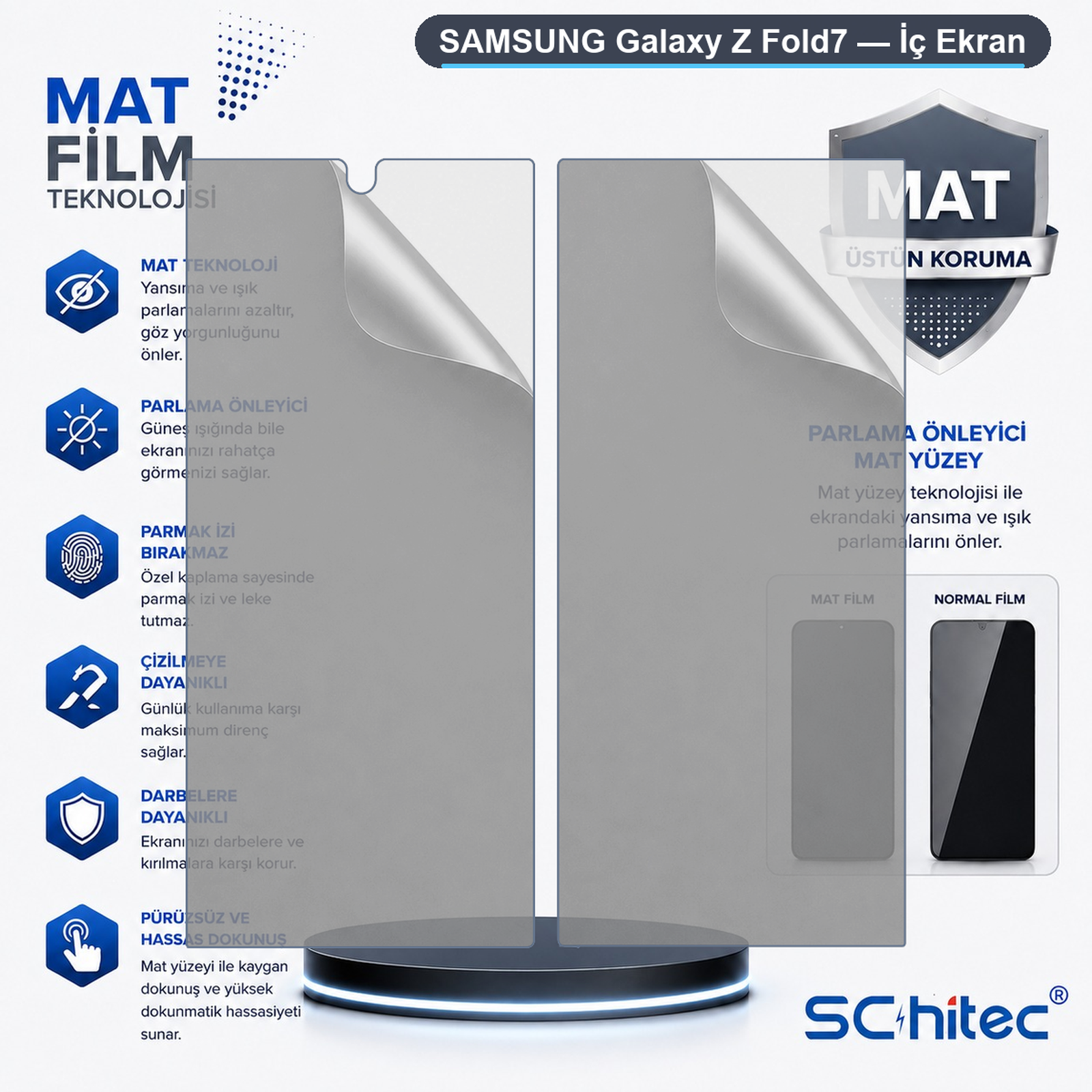 Samsung Galaxy Z Fold7 iç ekran mat filmi, yansıma önleyici teknolojiye sahip.
