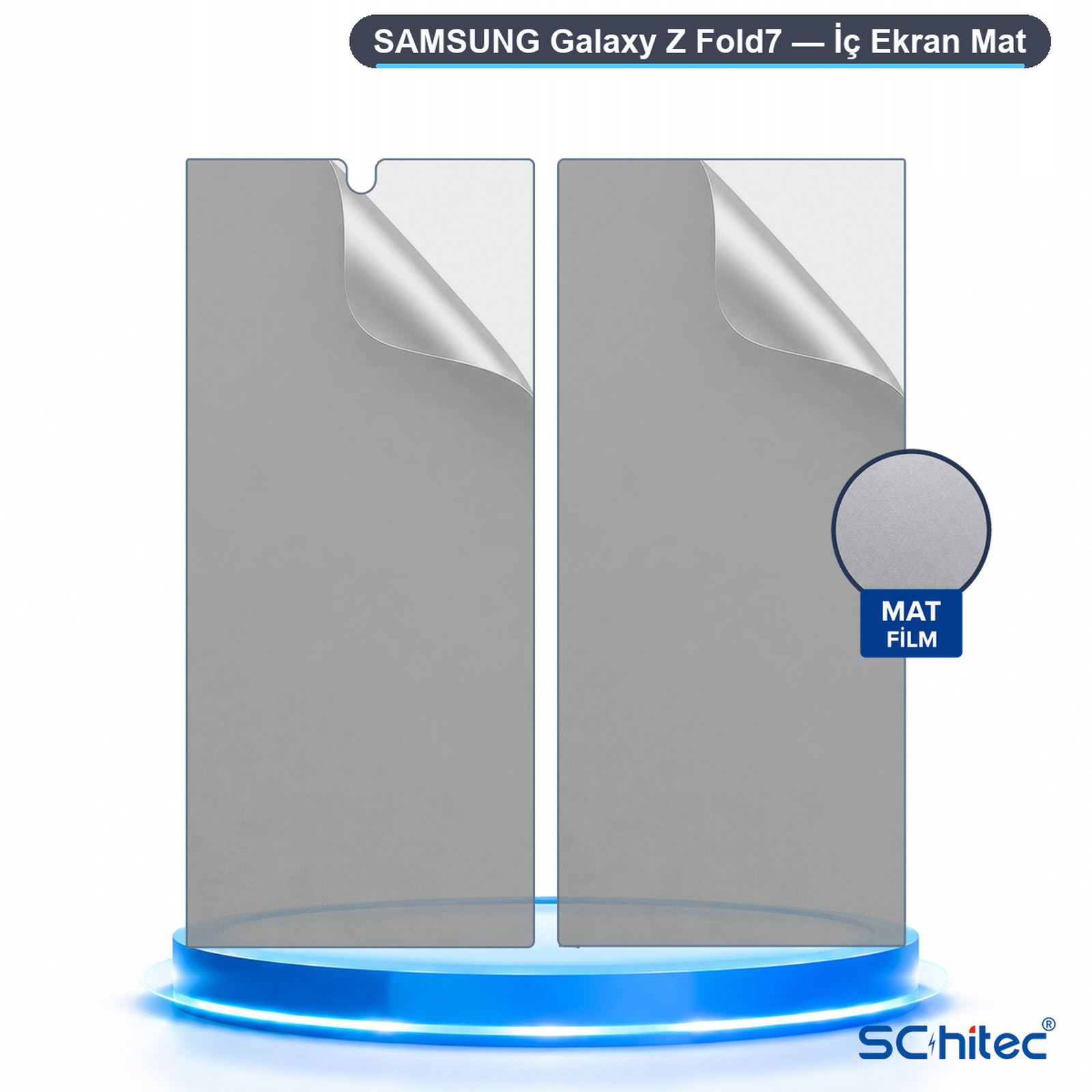 Samsung Galaxy Z Fold 7 için iki mat ekran koruyucu mavi bir stant üzerinde.