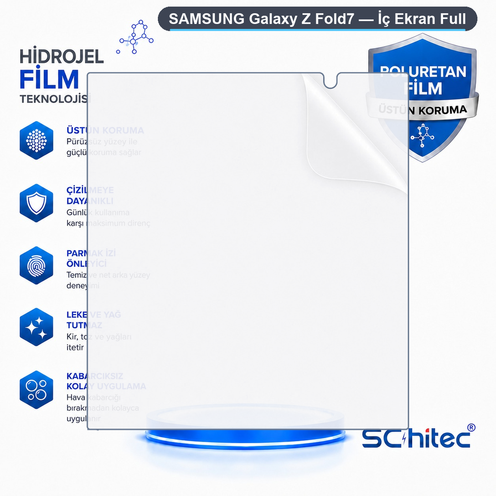 Samsung Galaxy Z Fold7 için üstün koruma, çizilme direnci ve kolay uygulama özelliklerine sahip ekran koruyucu.