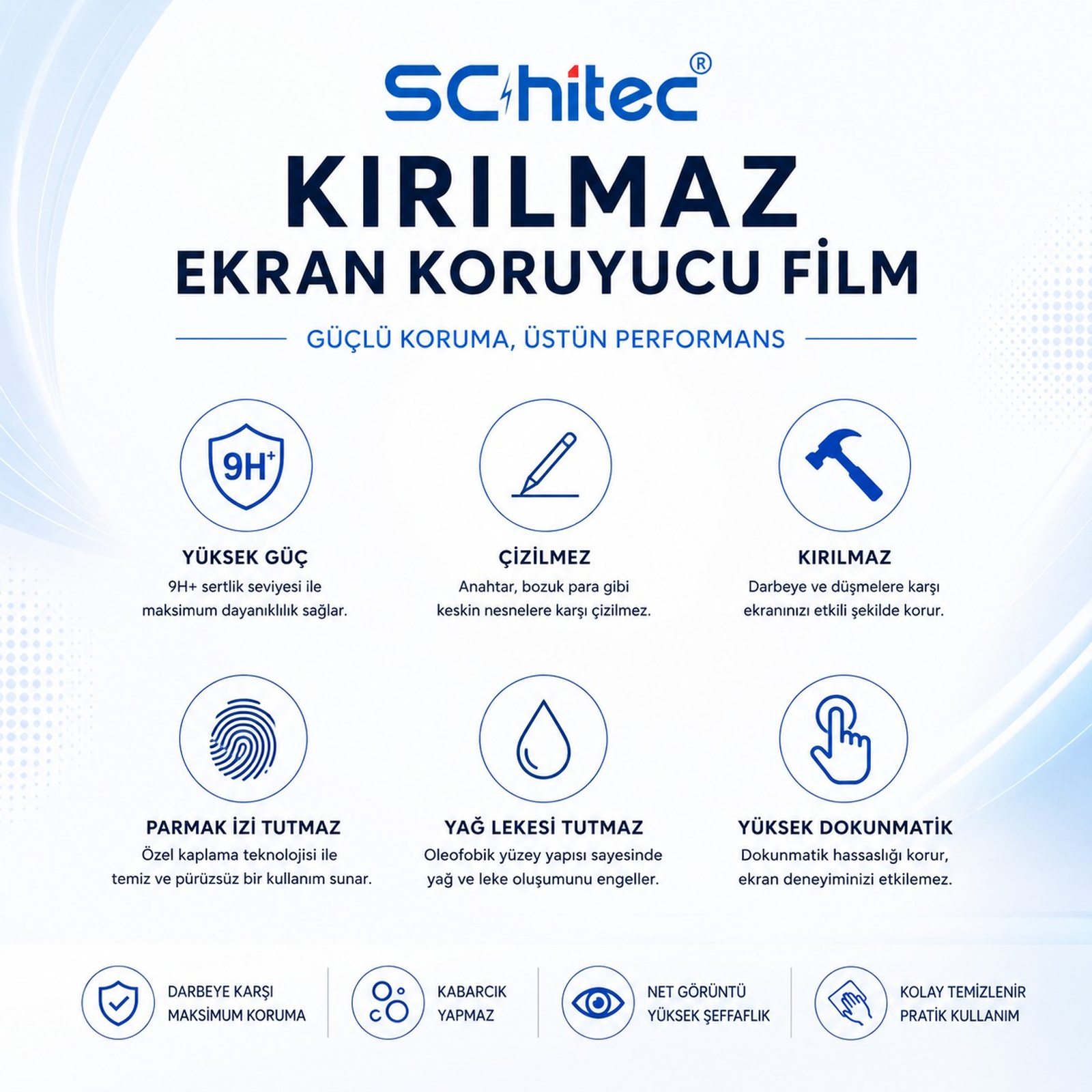 Schitec: Kırılmaz ekran koruyucu film, 9H sertlik, çizilme ve darbe dirençli.
