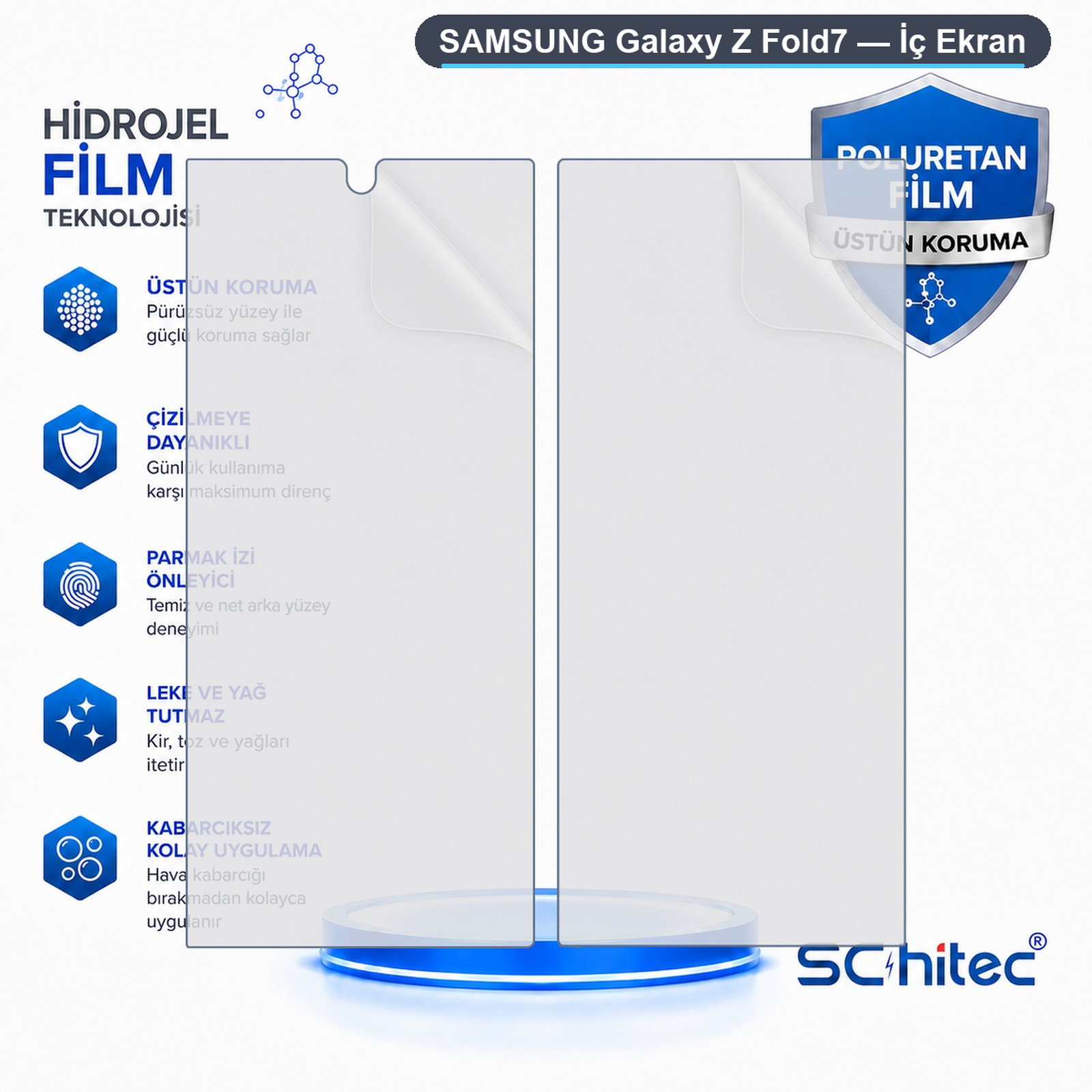 Samsung Z Fold7 iç ekran için hidrojel film, koruma ikonları mevcut.