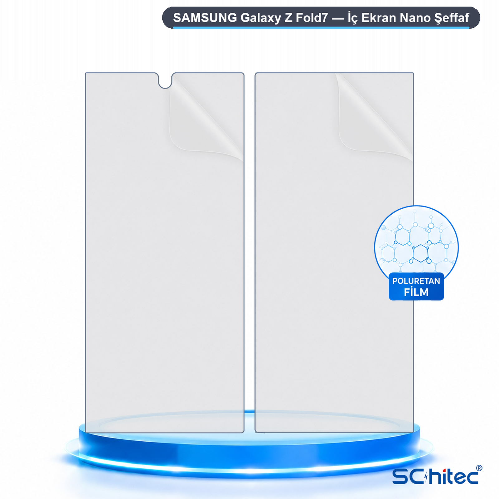 Samsung Galaxy Z Fold7 için iki şeffaf ekran koruyucu, moleküler grafikli.