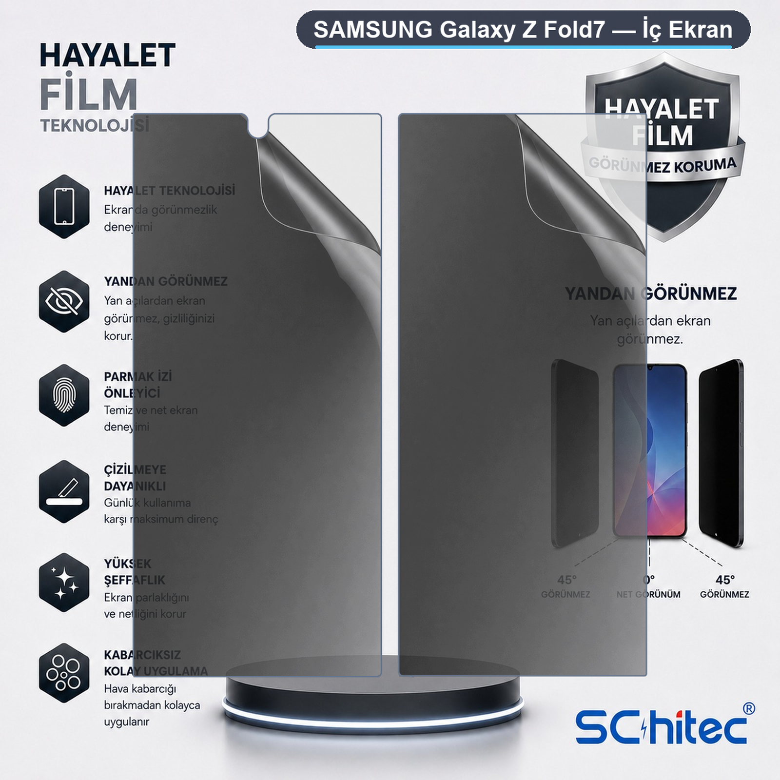 Samsung Galaxy Z Fold7 için gizlilik ekran koruyucu, görüş açılarını gösterir.