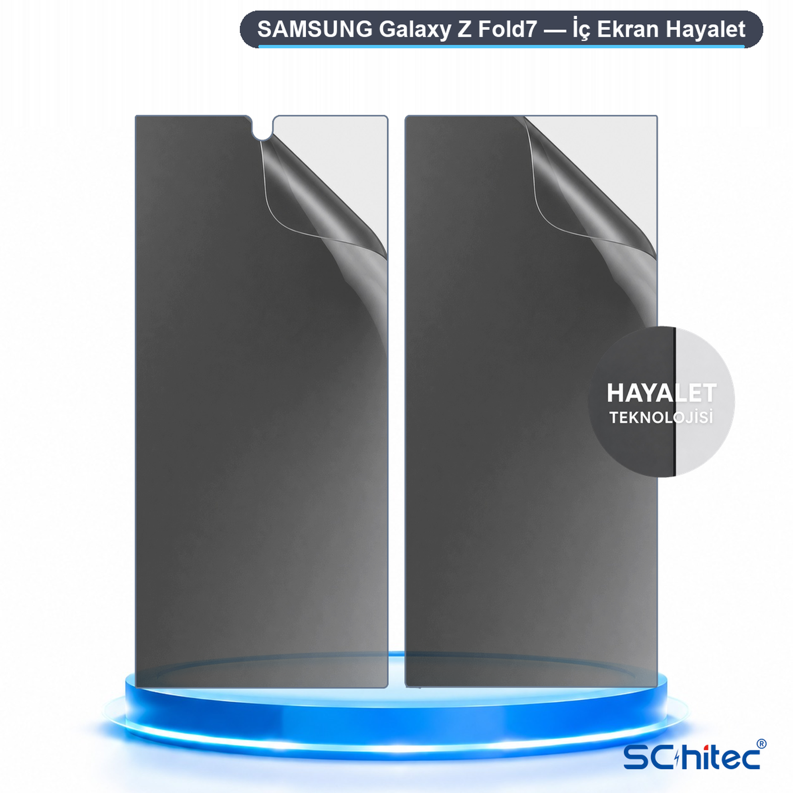 Samsung Galaxy Z Fold7 için iki ekran koruyucu, bir köşesi soyulmuş.