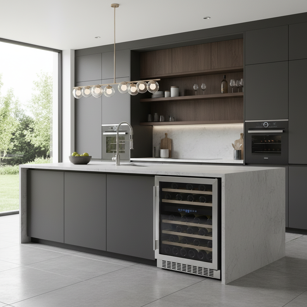 Cocina moderna con gabinetes gris oscuro, isla, nevera de vinos, hornos y ventana grande.