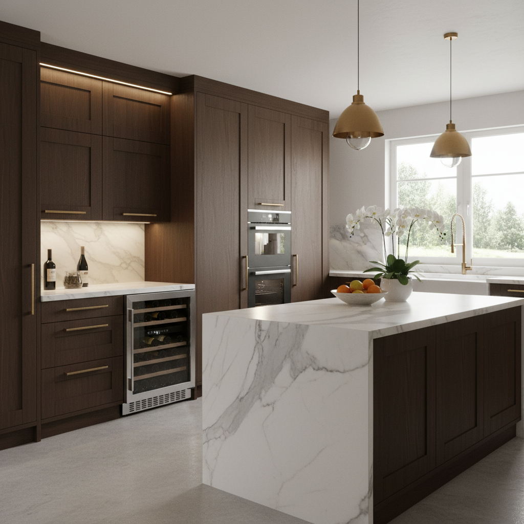 Moderna cocina de madera oscura con isla de mármol, enfriador de vino y hornos dobles.