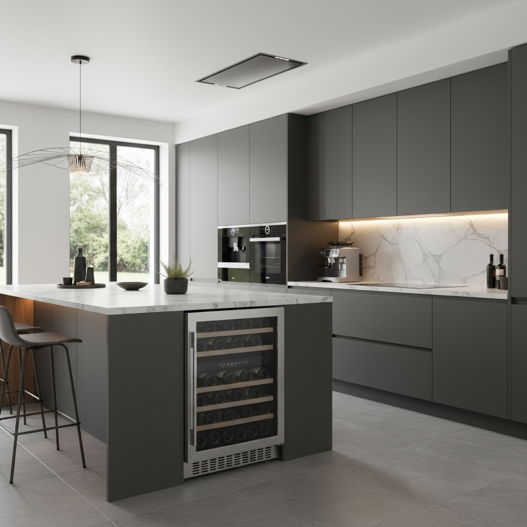 Moderna cocina oscura con isla, vinoteca, cafetera y salpicadero de mármol.