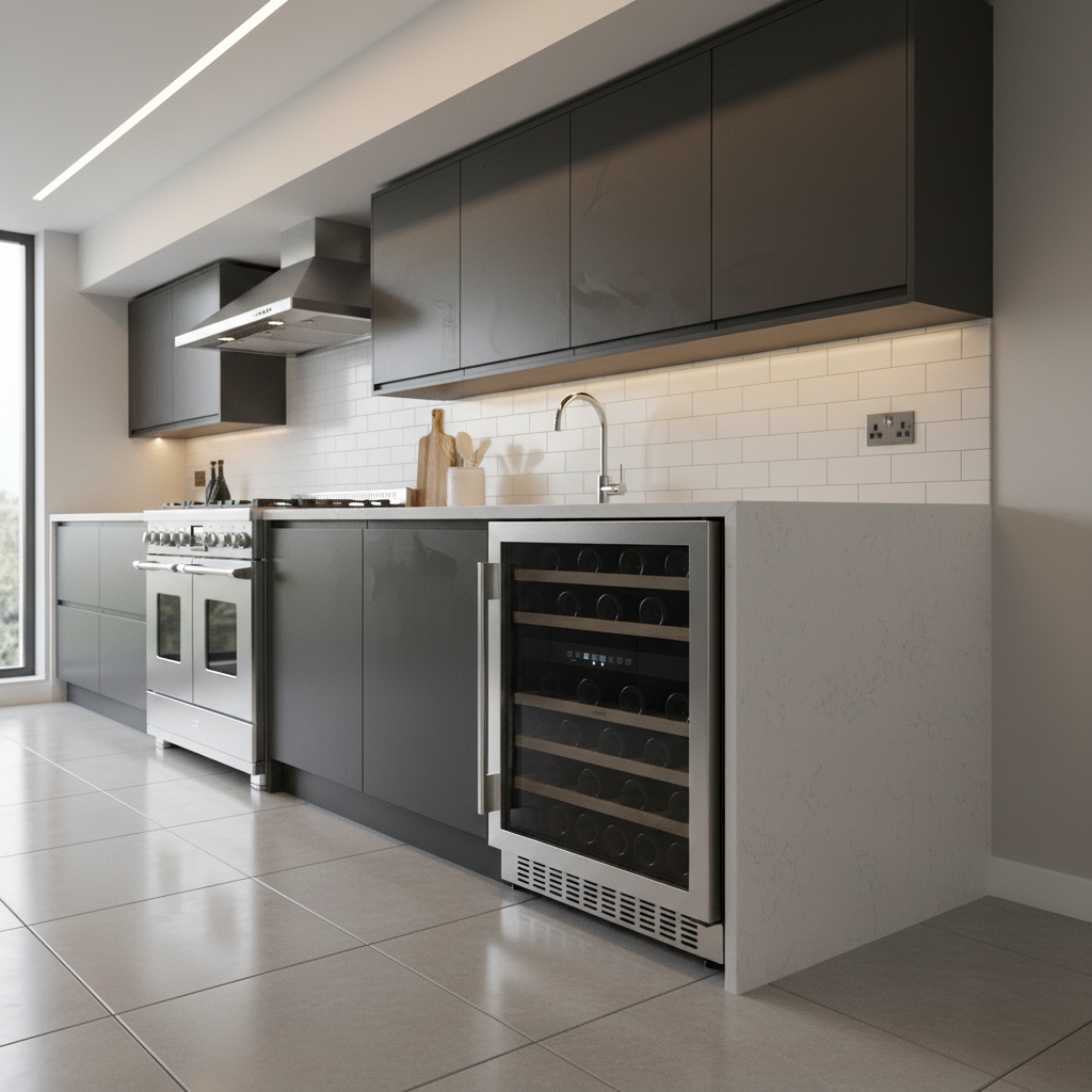 Una cocina moderna con gabinetes gris oscuro, salpicadero de azulejos blancos tipo metro, electrodomésticos de acero inoxidable y una vinoteca.
