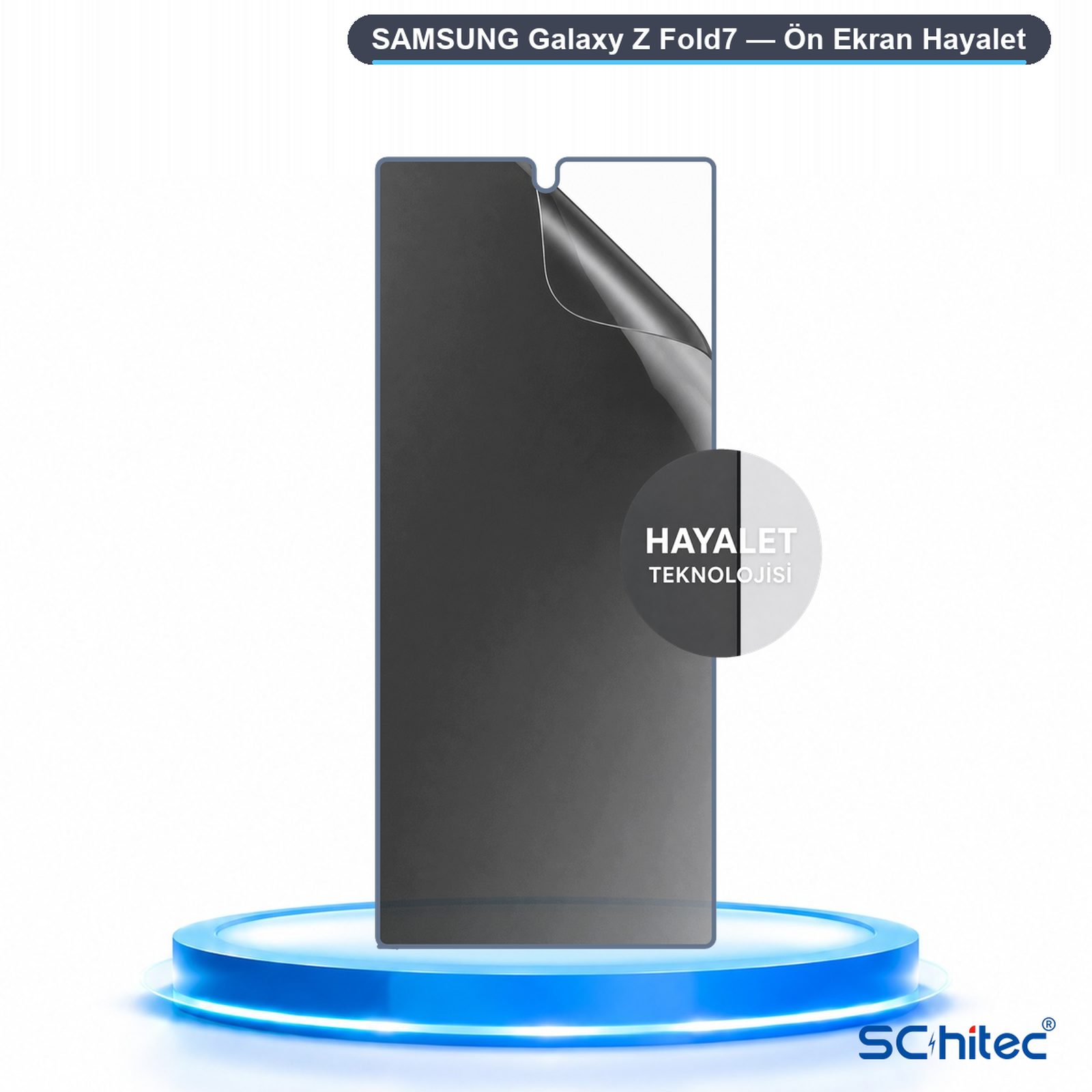 Mavi bir platform üzerinde Samsung Galaxy Z Fold 7 için koyu ekran koruyucu.
