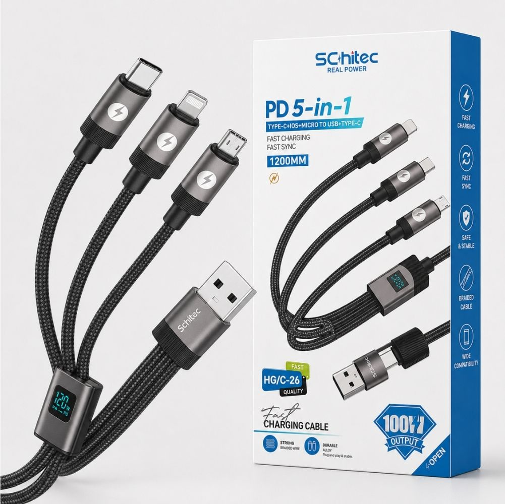 USB-A ve Type-C konnektörlü, üç uçlu 5'i 1 arada şarj kablosu.