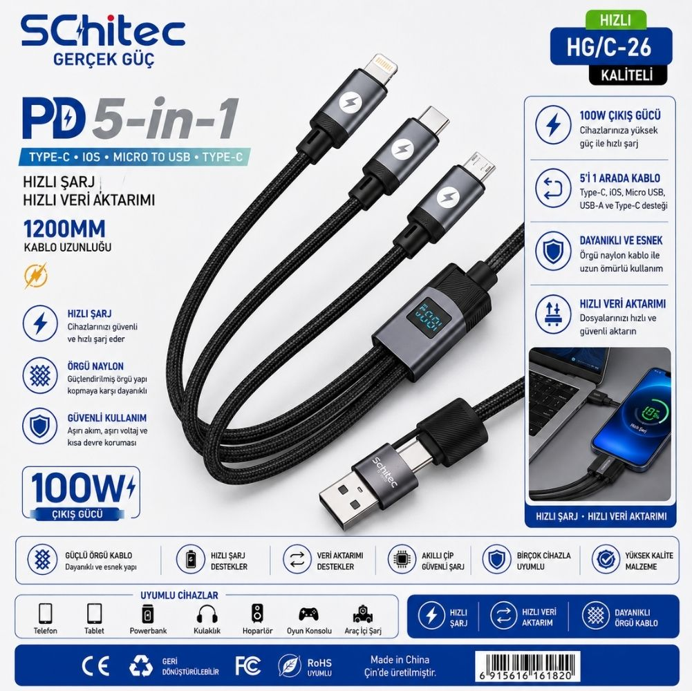 USB-A, Type-C, iOS, Micro-USB konnektörlü SChitec PD 5'i 1 arada şarj kablosu.