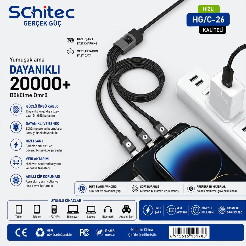 Üç konnektörlü siyah bir Schitec kablosu, bir güç adaptörüne takılı bir akıllı telefonu şarj ediyor.