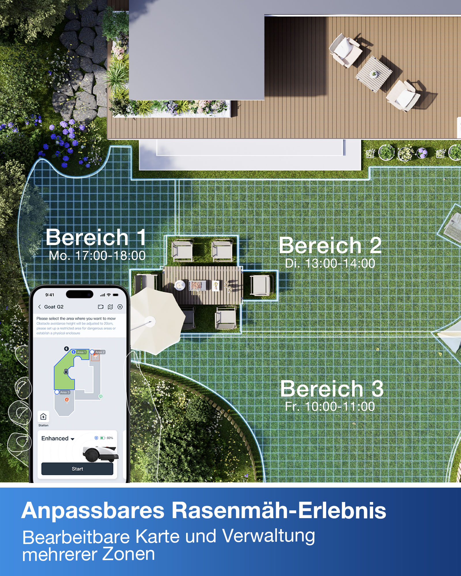 Gartenansicht mit App-Interface. Zeigt Rasenflächen, Terrassen, Möbel und Zonen an.