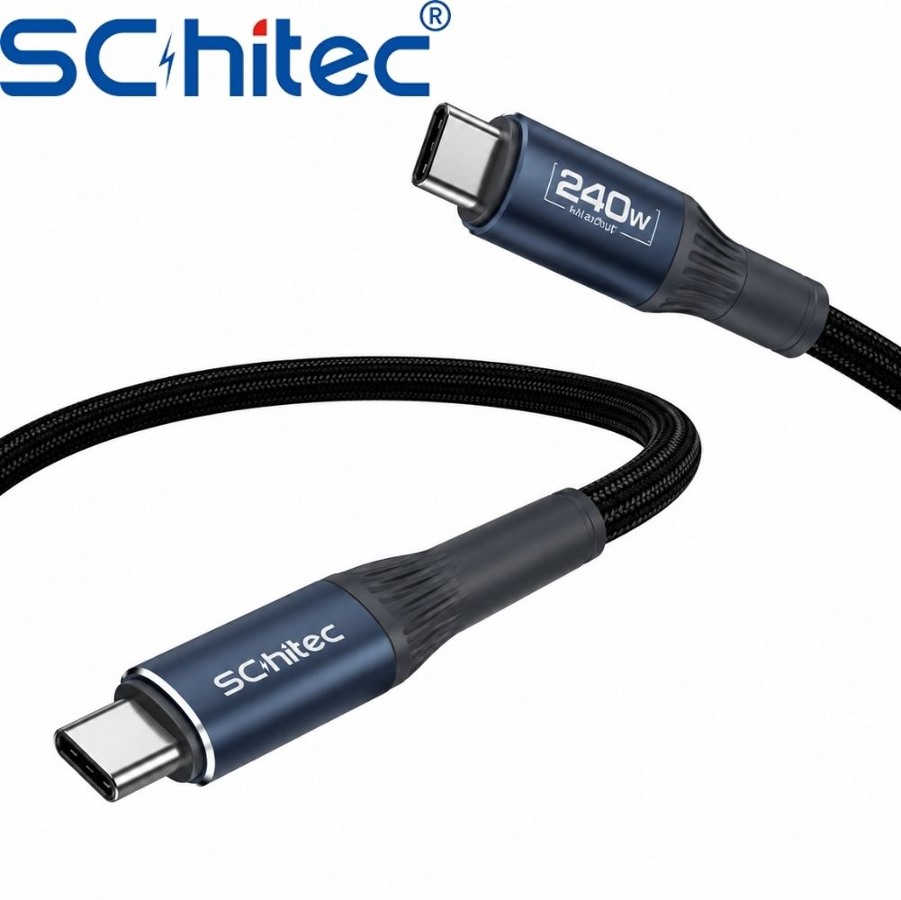 Mavi konektörlü, "240w" etiketli siyah USB-C kablosu.