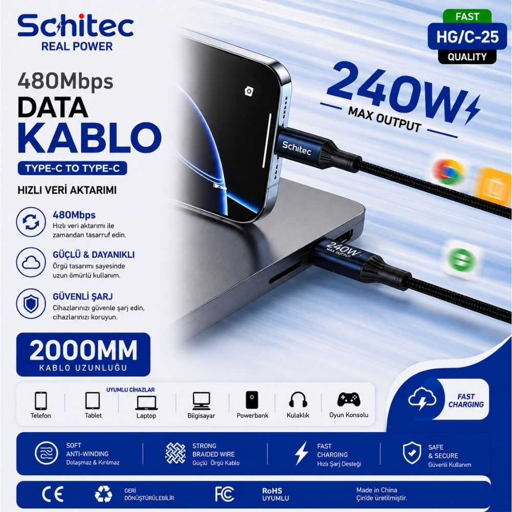 Siyah Schitec kablosu, 240W şarj gücüyle bir akıllı telefonu dizüstü bilgisayara bağlar.