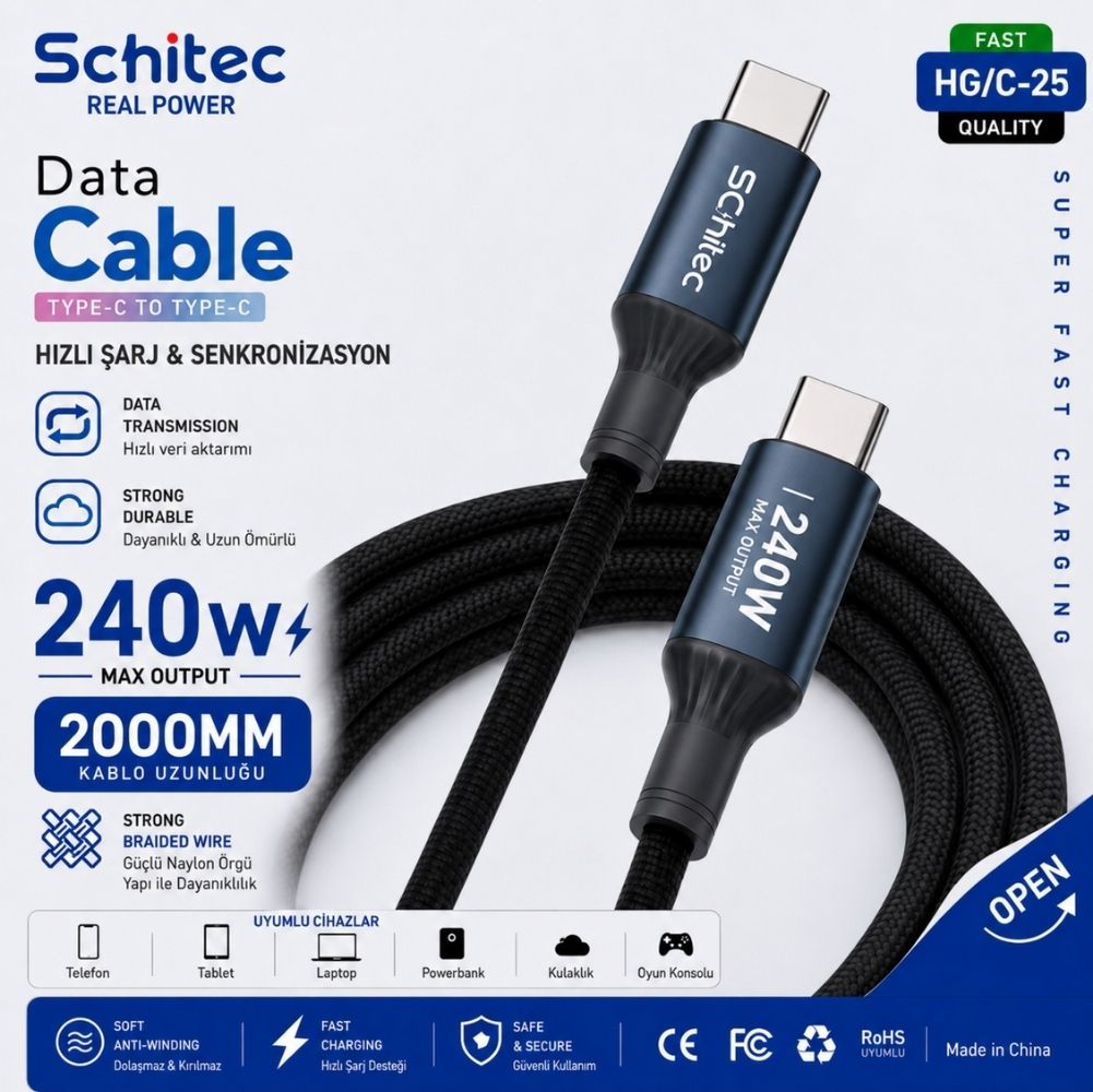 240W maksimum çıkışlı siyah Schitec Tip-C - Tip-C veri kablosu.