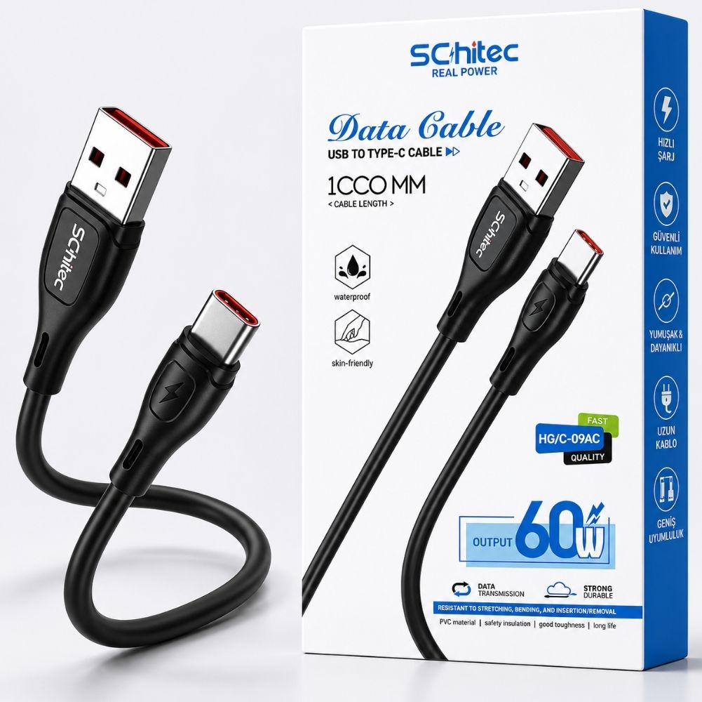Kırmızı vurgulu siyah USB - Type-C kablo, 60W olarak etiketlenmiş.