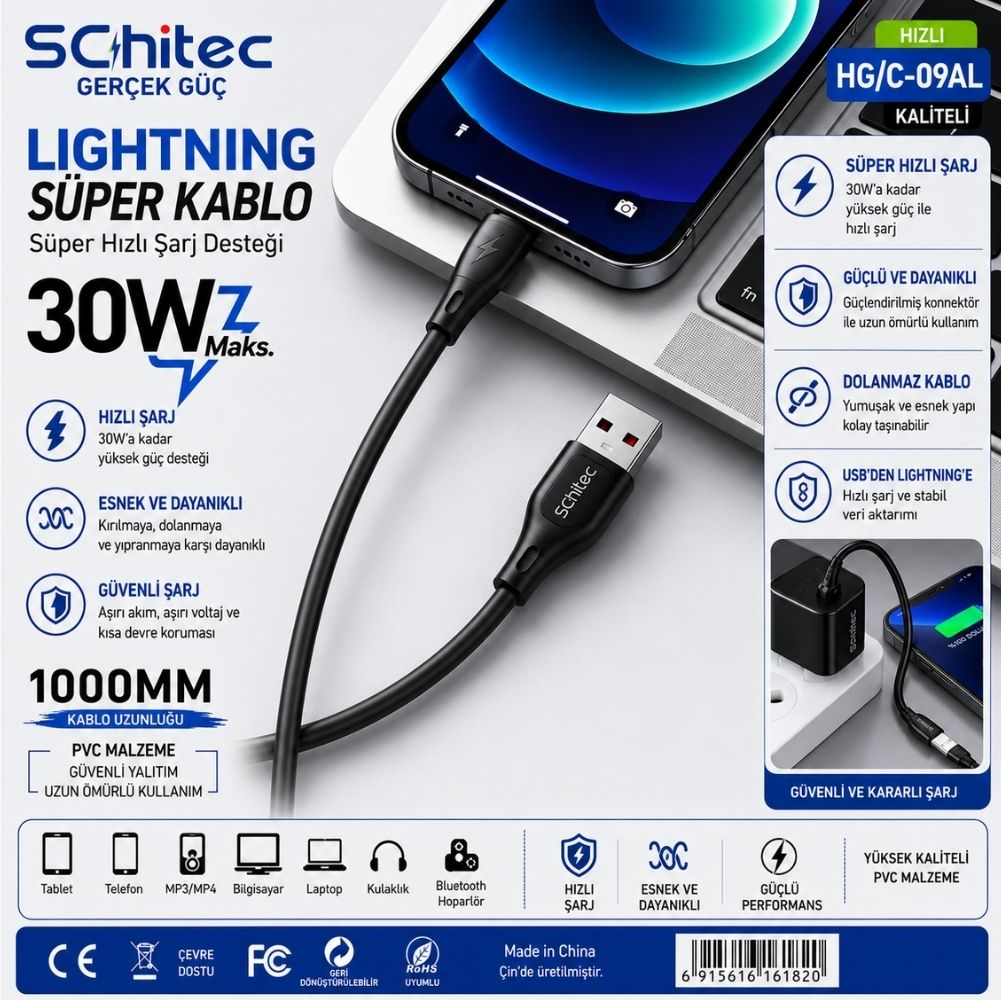 Siyah Schitec Lightning kablosu USB konektörlü iPhone şarj eder. 30W, 1000mm uzunluk özellikleri.