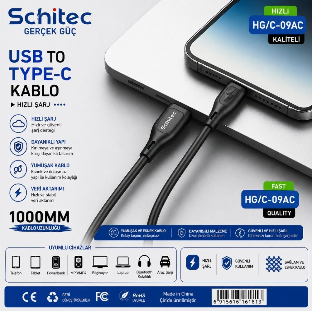 Bir akıllı telefona takılı siyah bir Schitec USB - Type-C kablosu.