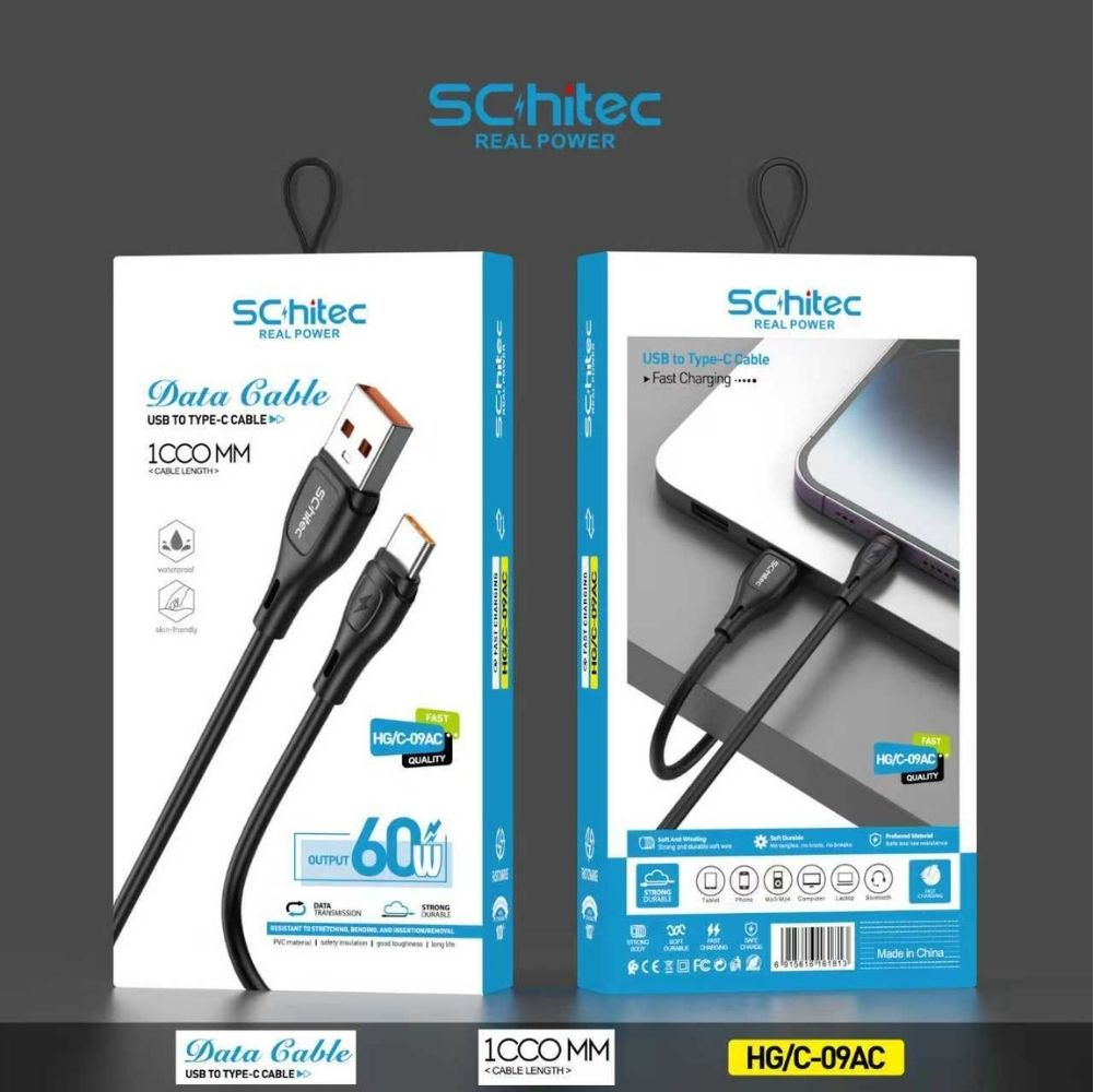 Siyah Schitec USB-C veri kablosu ambalajı, 1000 mm uzunluğunda.