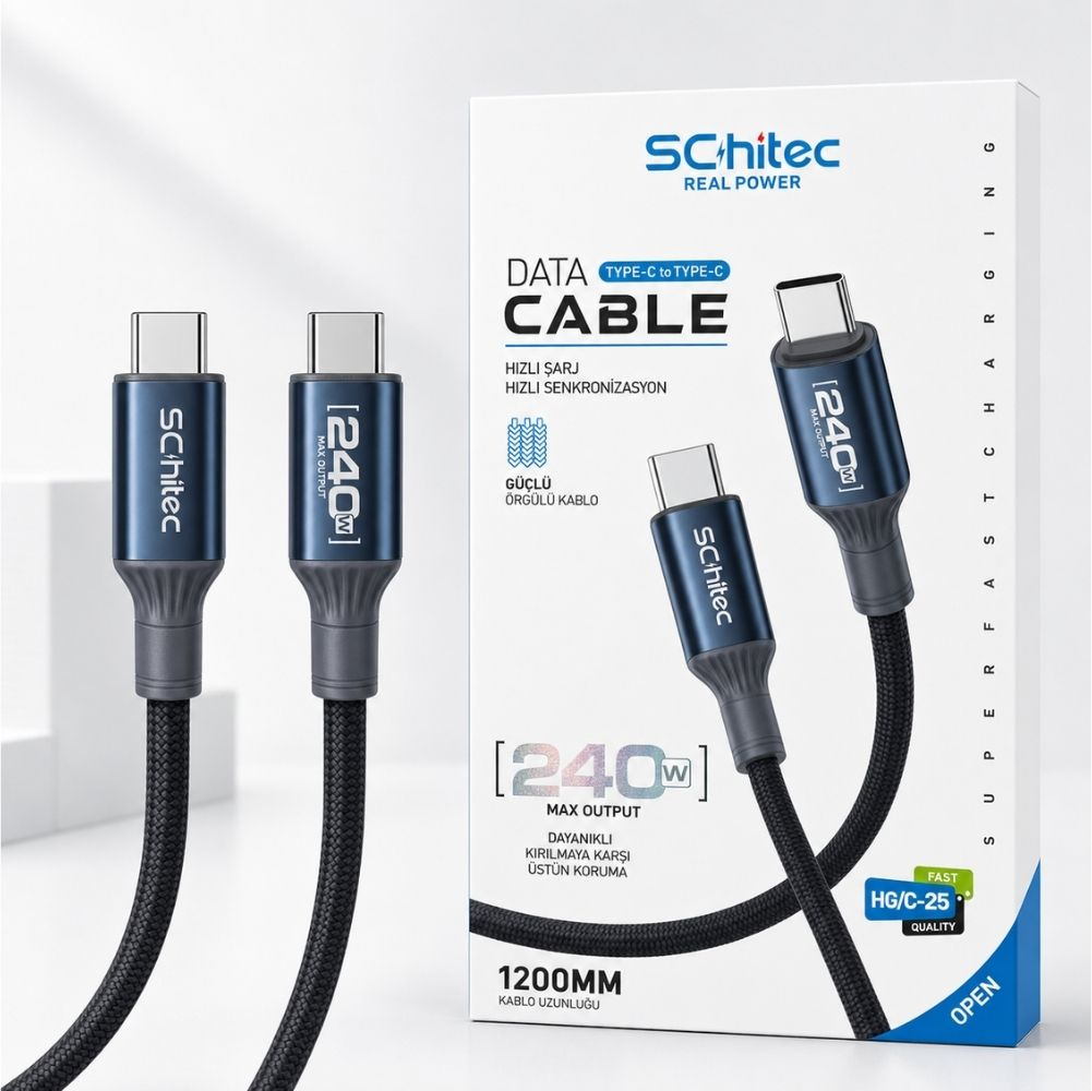 Koyu arka plan üzerinde 240W işaretli iki siyah USB-C kablosu.