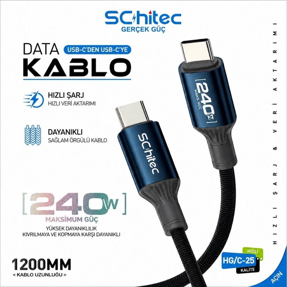 Mavi USB-C'den USB-C'ye kablo, 240W maksimum güç, 1200mm uzunluk.
