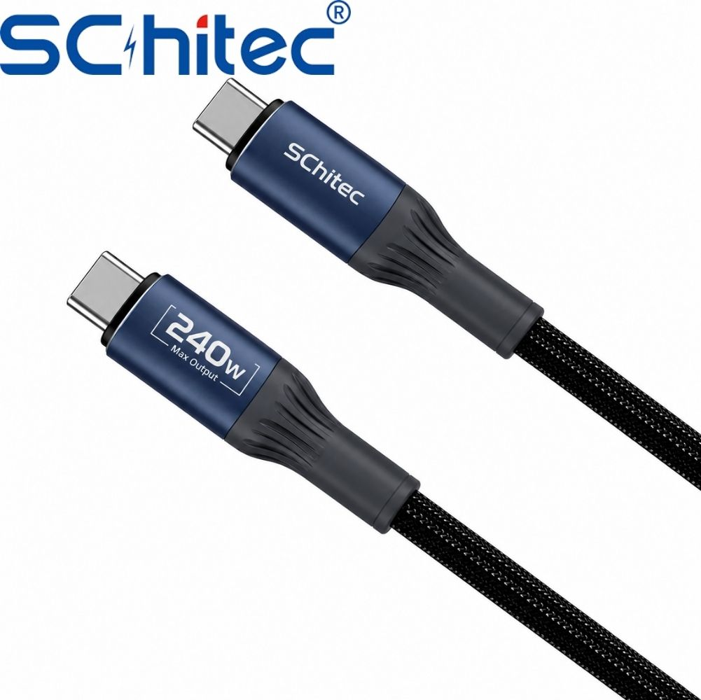Beyaz arka planda "240W Max Output" ve "SCihitec" logolu iki mavi USB-C kablosu.
