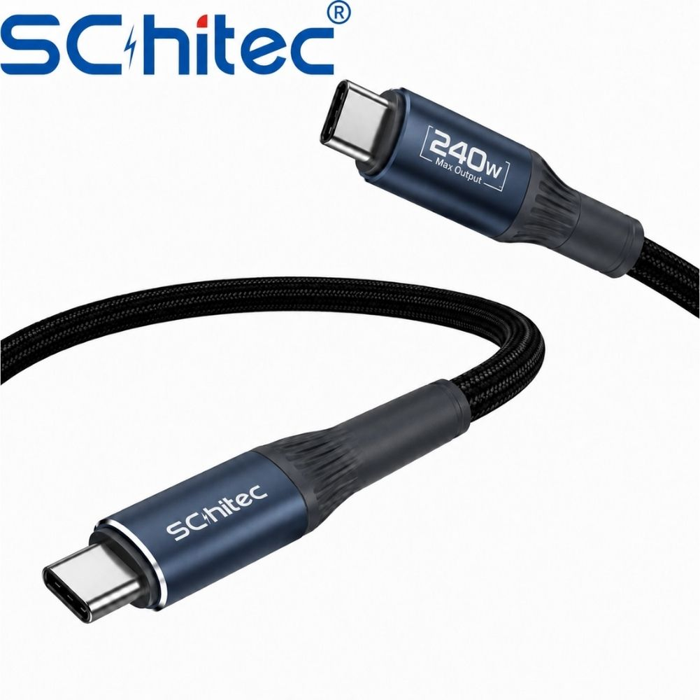 Mavi konnektörlü, üzerinde 240W yazan siyah USB-C kablosu.