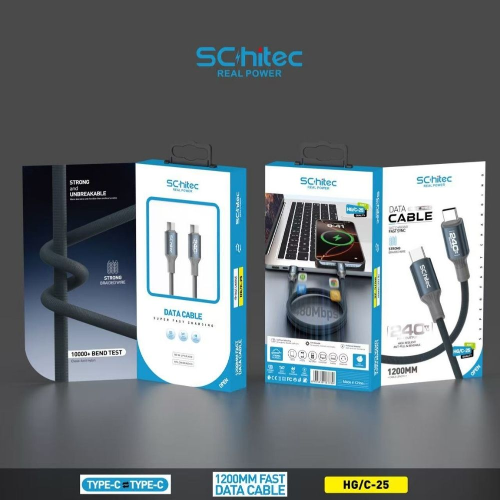 Sschitec veri kabloları içeren paket, Type-C, 1200mm, sağlam ve kırılmaz.