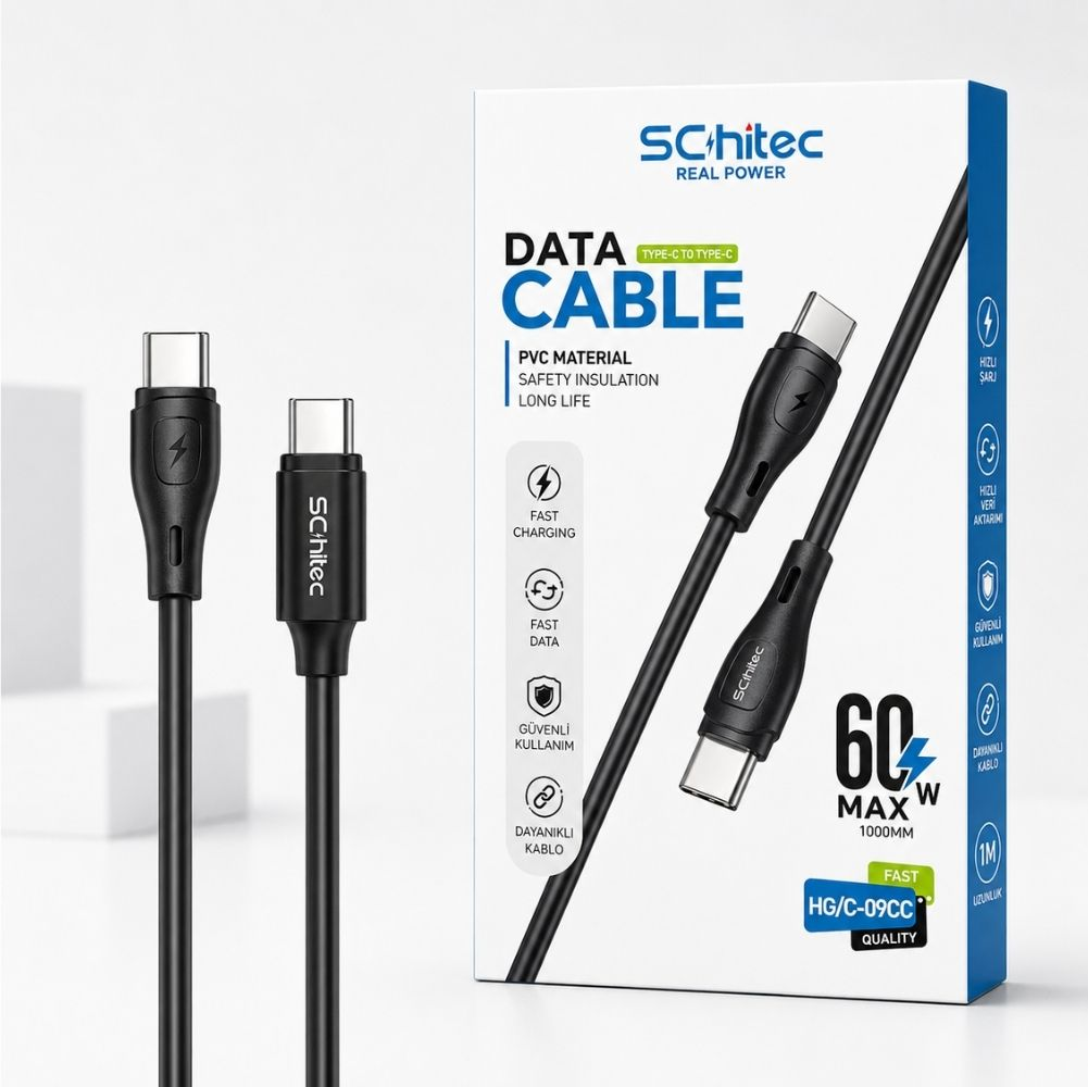 Ürün bilgilerinin yer aldığı kutunun önünde iki siyah USB-C'den USB-C'ye kablo.