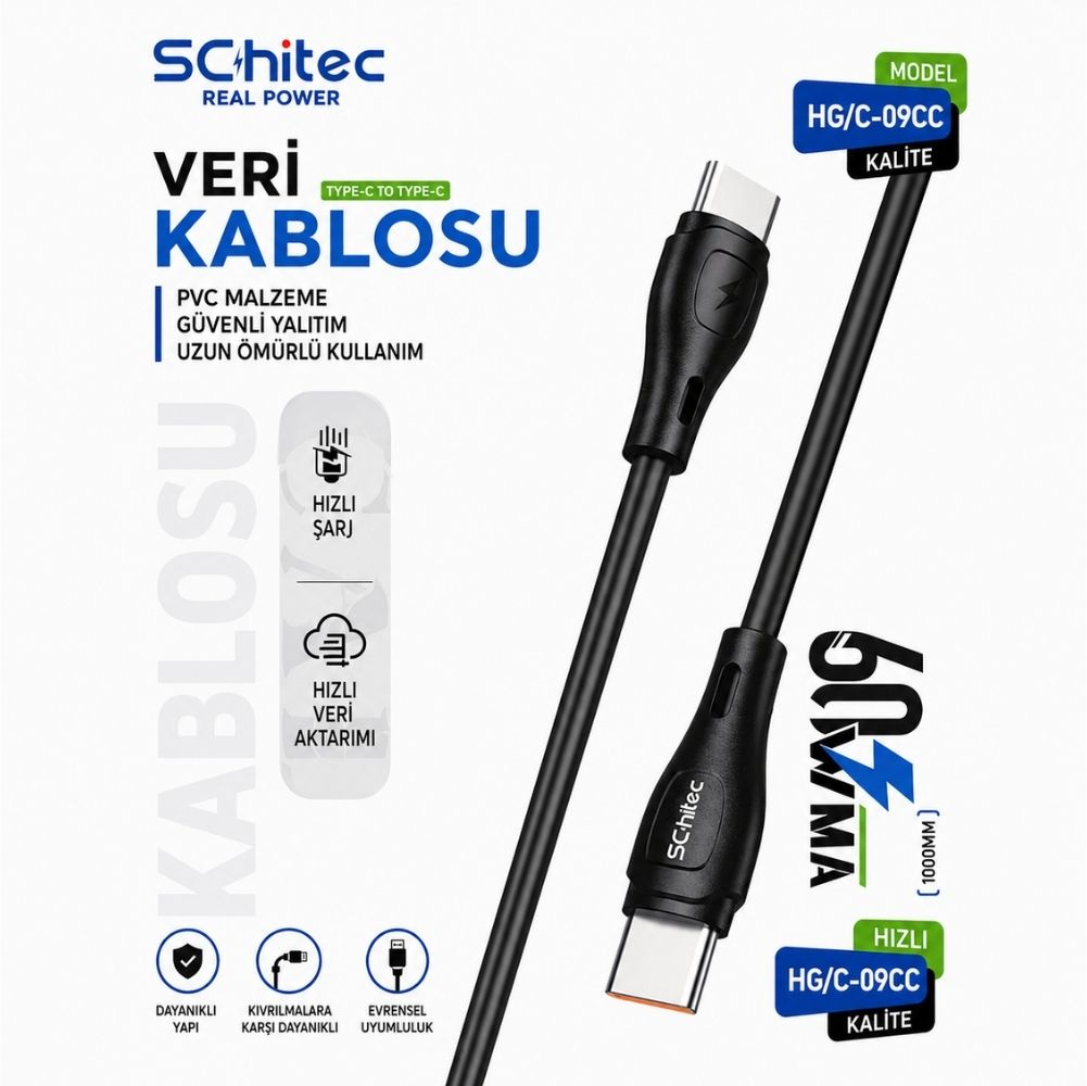 Siyah USB-C - USB-C kablosu, 60W, 1000mm uzunluk.