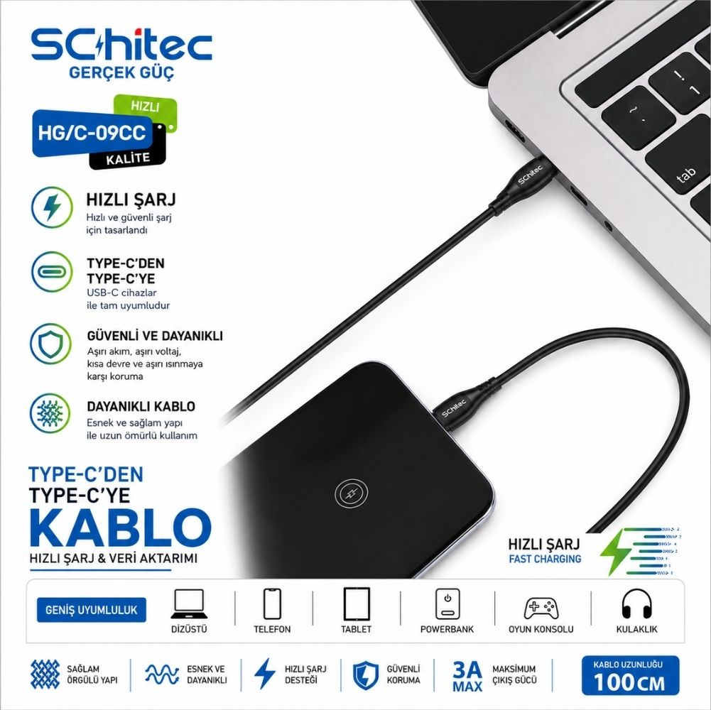 Siyah bir USB-C'den USB-C'ye kablo, bir dizüstü bilgisayara ve powerbank'a bağlanır.