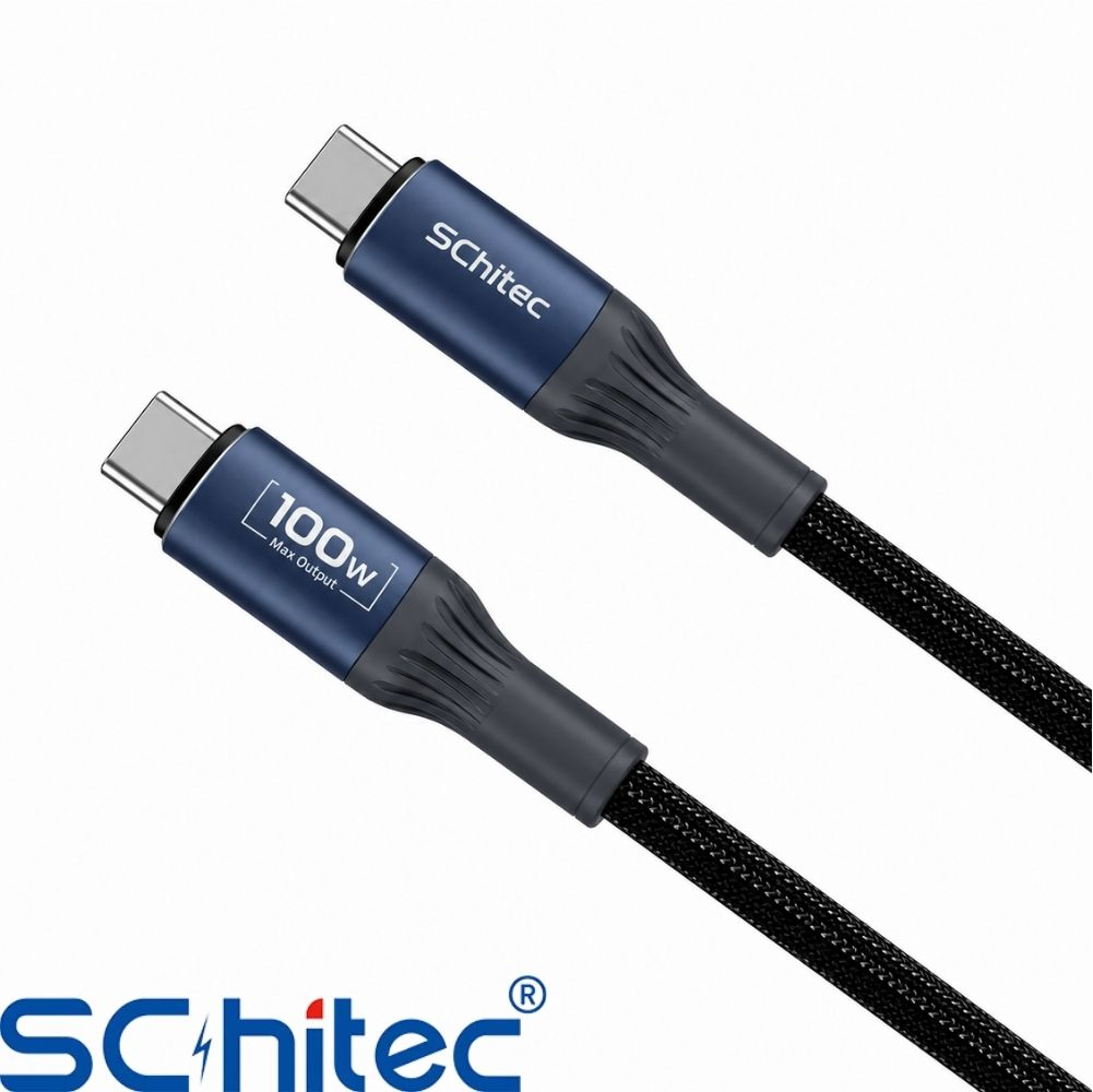 100W maksimum çıkışlı ve Schitex logolu iki mavi USB-C kablosu.