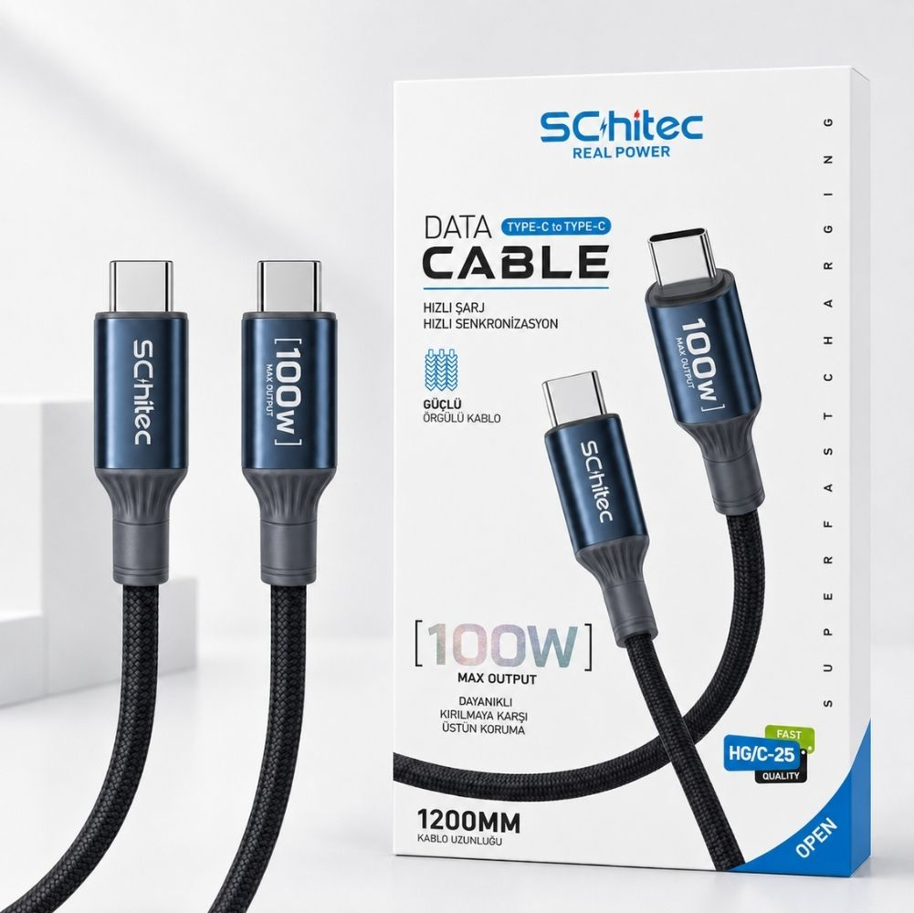 USB-C konnektörlü, 100W maksimum çıkışlı iki mavi Schitec kablosu.